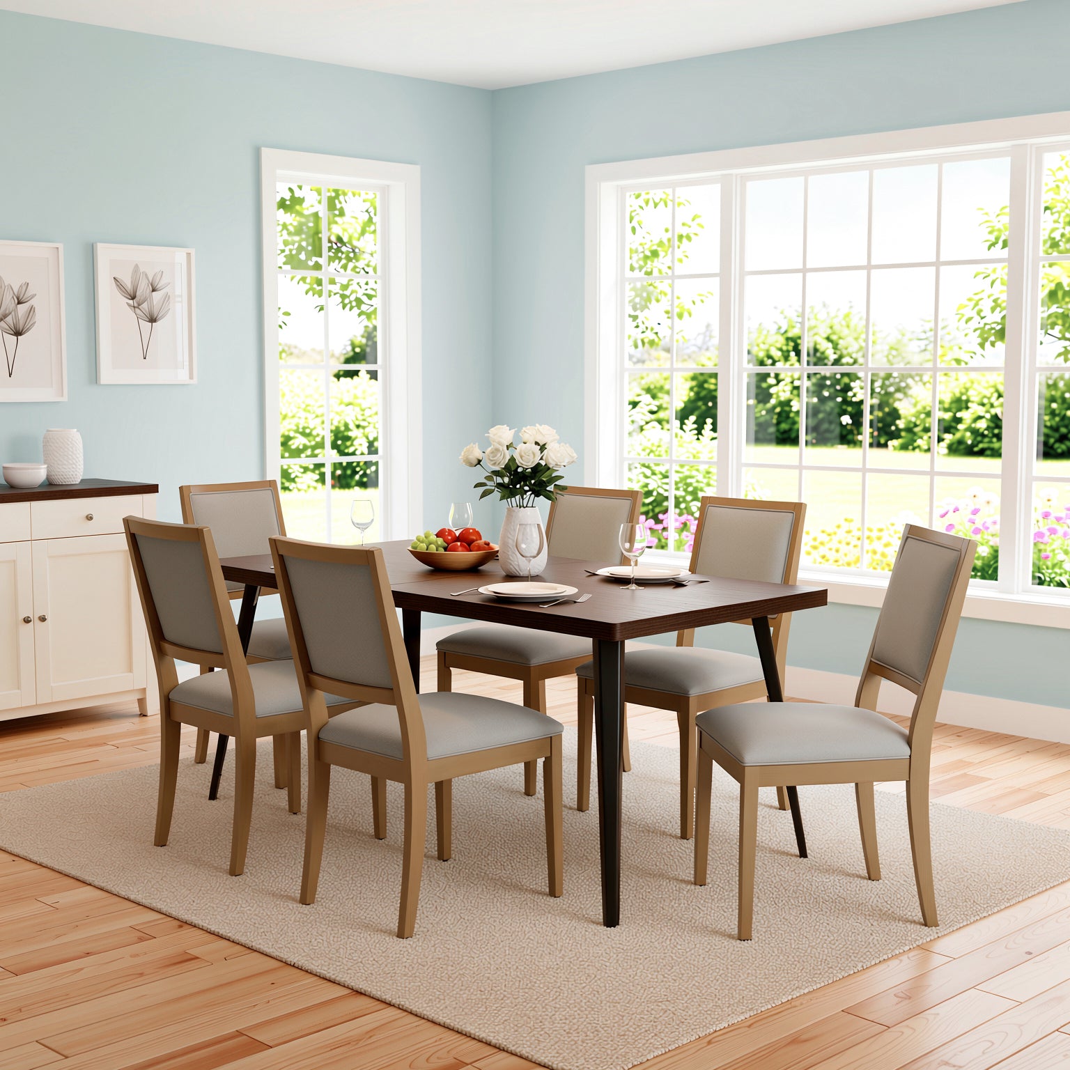 Homy Casa Stan 7PC Dining Set 63” Brown Table with 6 Siget Upholstered Solid Wood Chairs