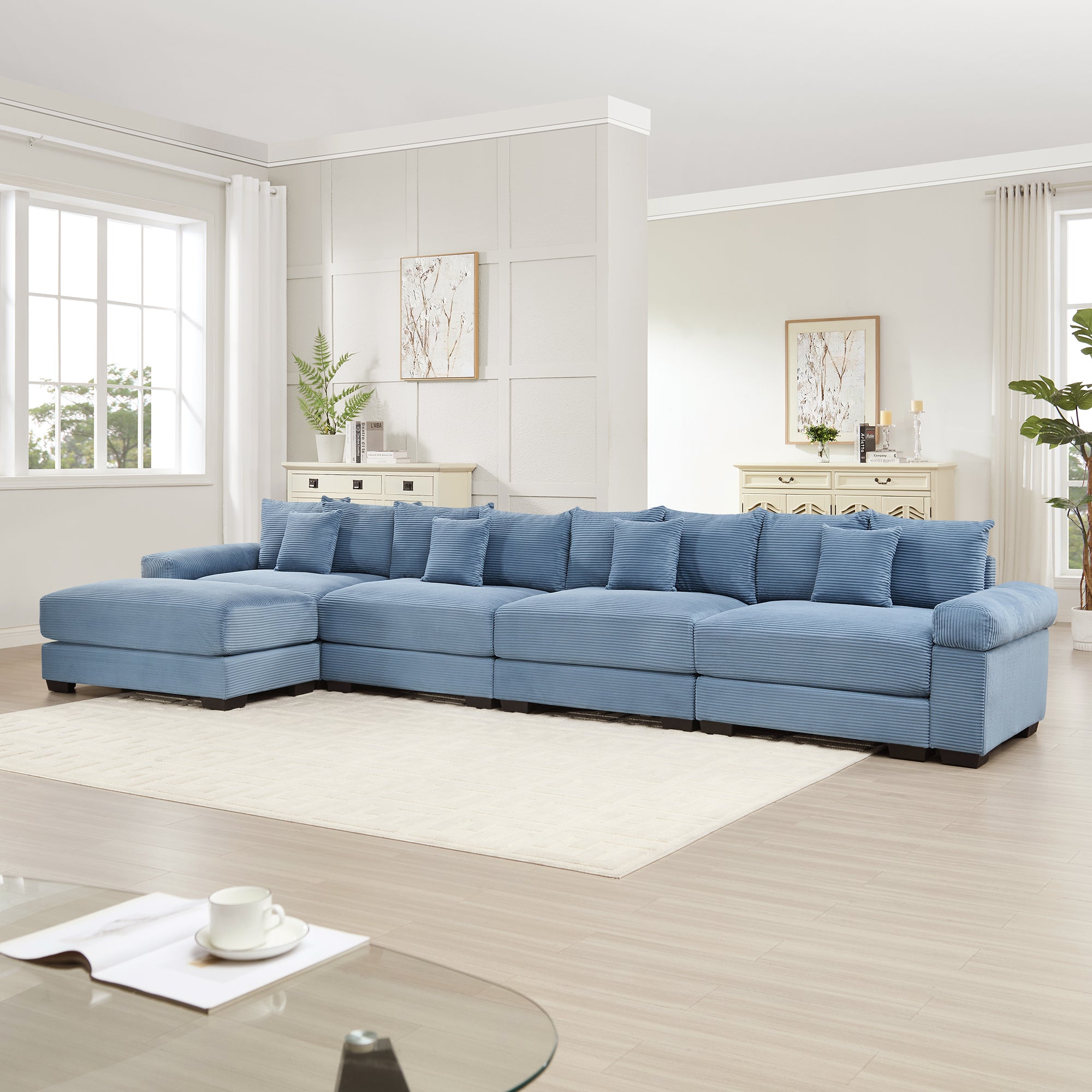 Albany 168" Modular Corduroy Oversized Cloud L-Shaped Sectional Sofa with Ottoman