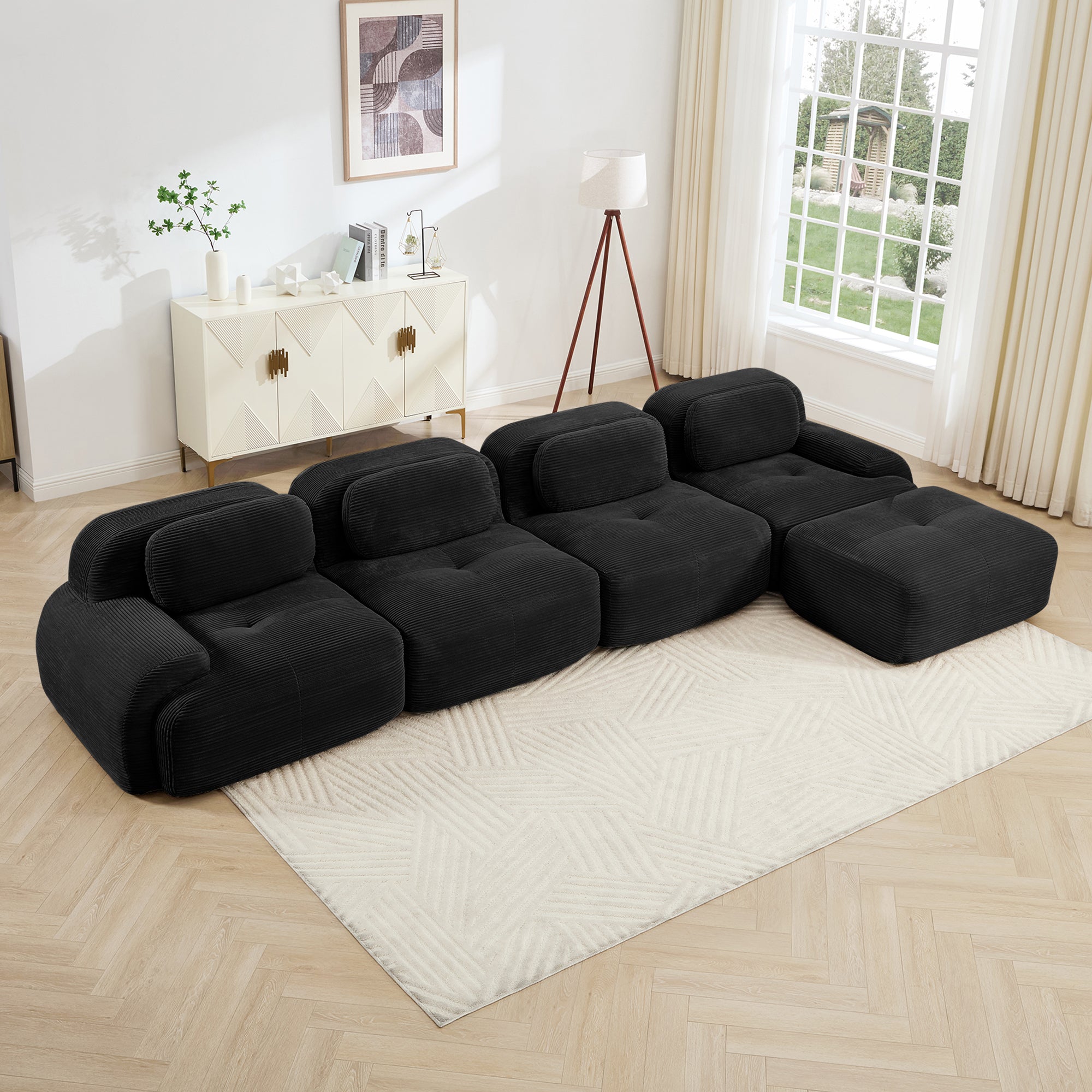 Anchorage 152" Modular Corduroy Cloud L-Shaped Sectional Sofa with Ottoman