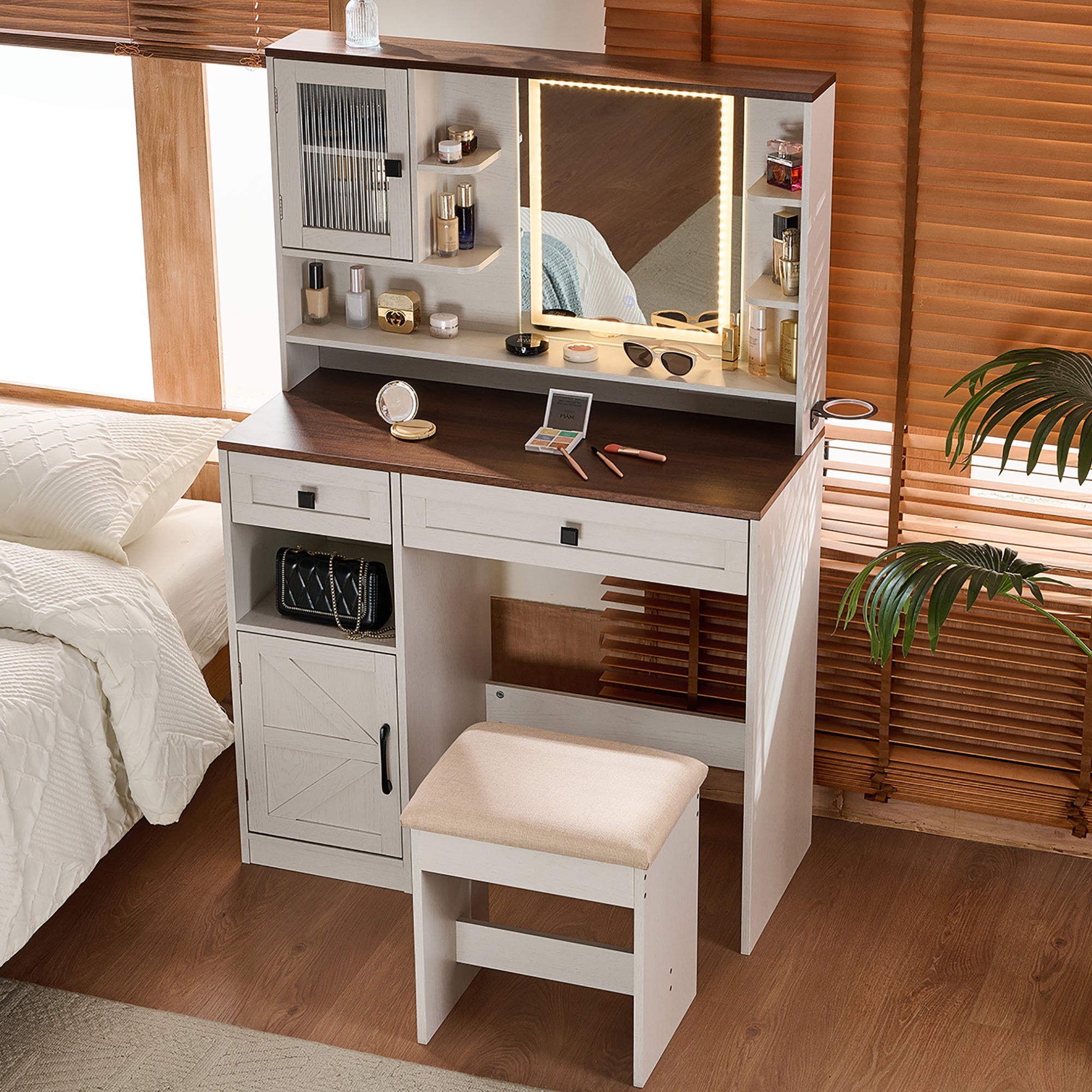 Frida 37.4" Makeup Vanity Set with Lighted Mirror and Upholstered Stool