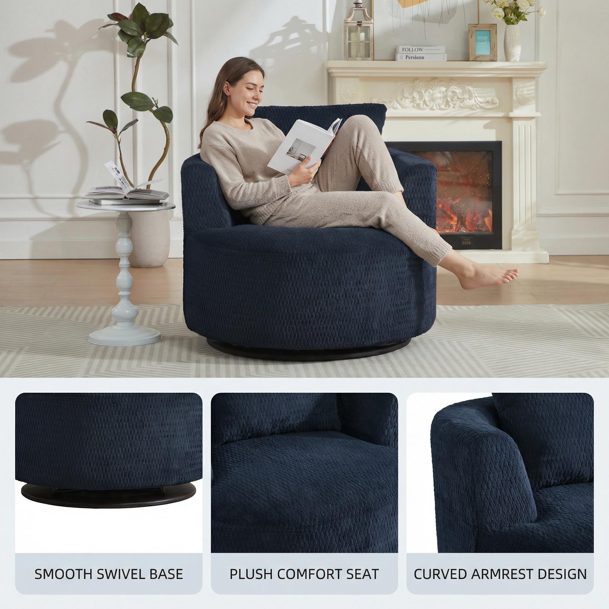 1-Pack Dark Blue Swivel Accent Chair, Modern Comfort Armchair with Faux Fur, 360° Rotation, Plush Sponge & Pocket Spring Support, Stylish Space-Saving Furniture for Living Room, Office, Apartment, Easy Assembly, Durable Wooden Base
