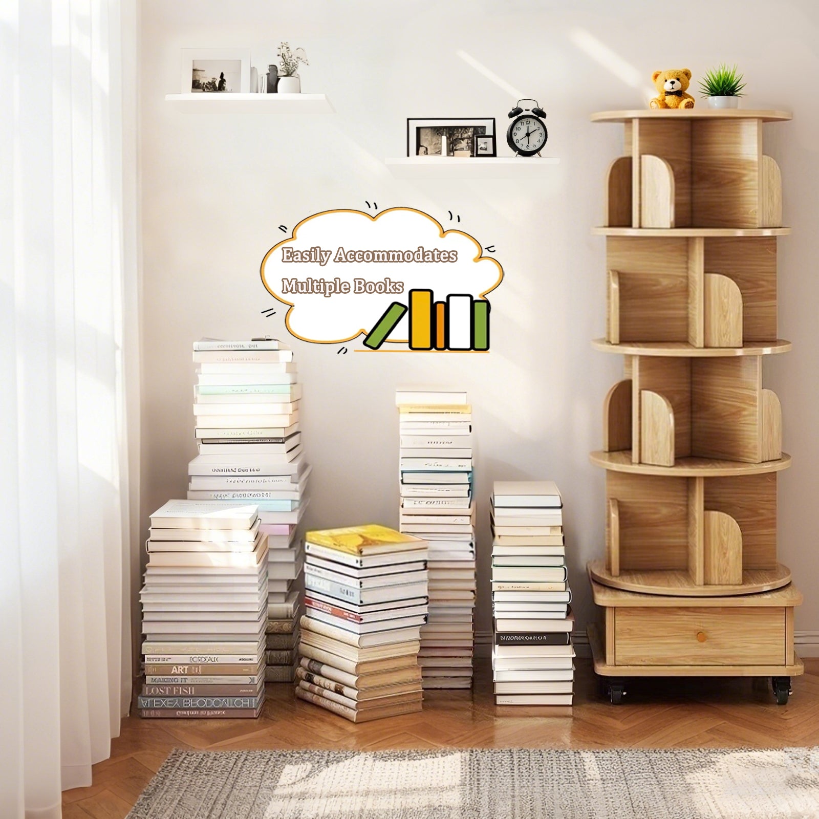 Sophia 5 Tier Rotating Bookshelf Display Stand with Drawer and Wheels