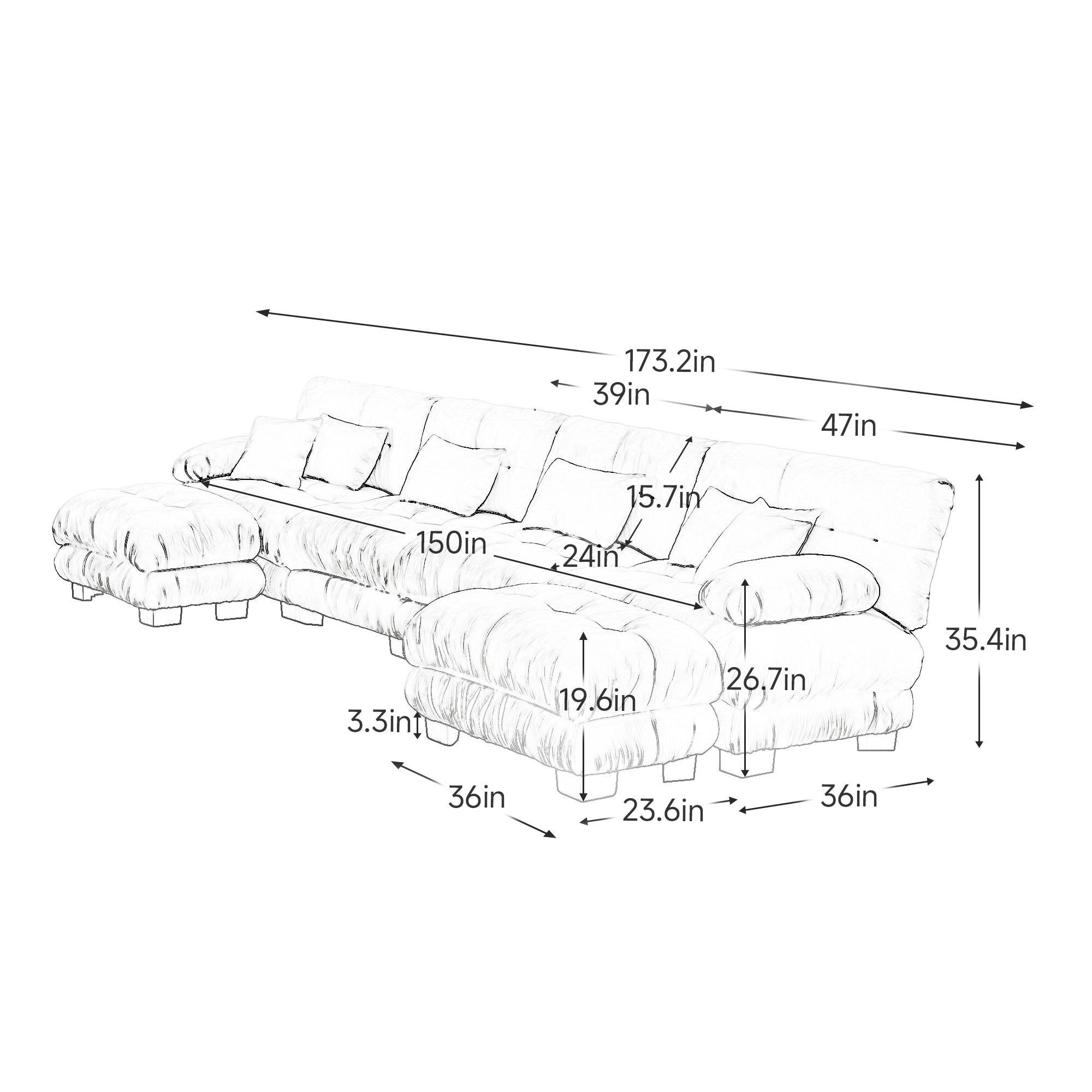 Monterey 173" Oversized Modular Chenille U-Shaped Cloud Sectional Sofa with 2 Ottomans