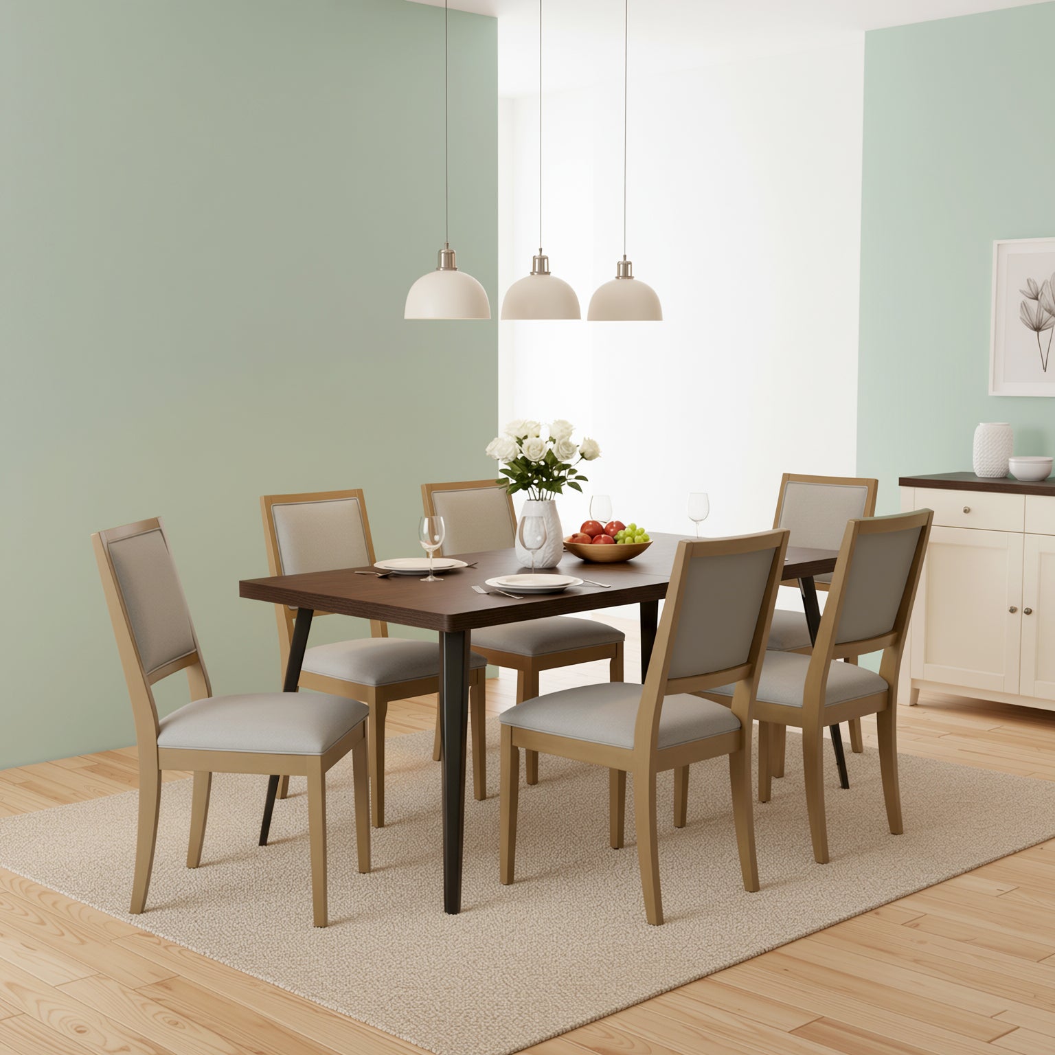 Homy Casa Stan 7PC Dining Set 63” Brown Table with 6 Siget Upholstered Solid Wood Chairs