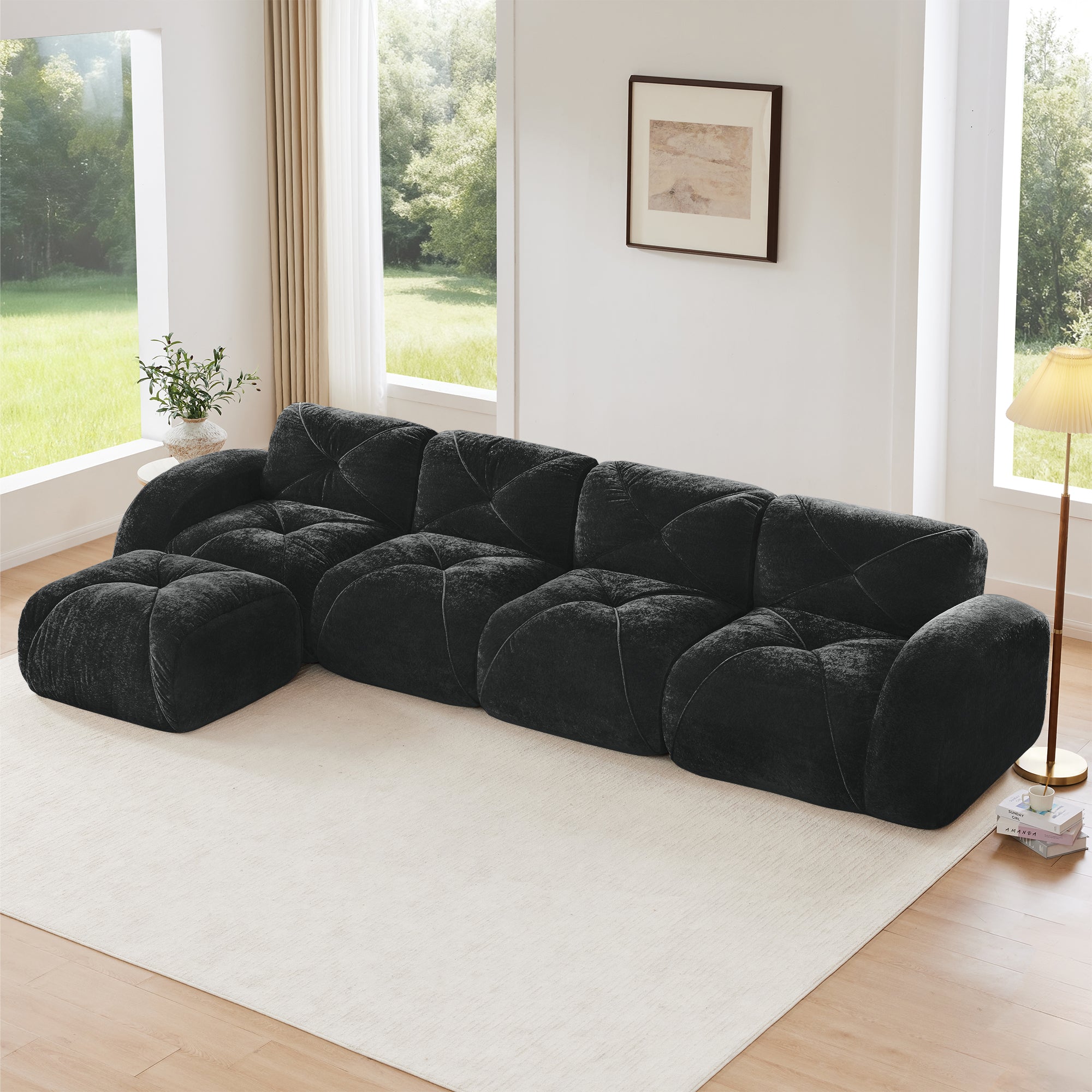 Aven 141" Modular Velvet Cloud L-Shaped Sectional Sofa with Ottoman and Curved Armrests