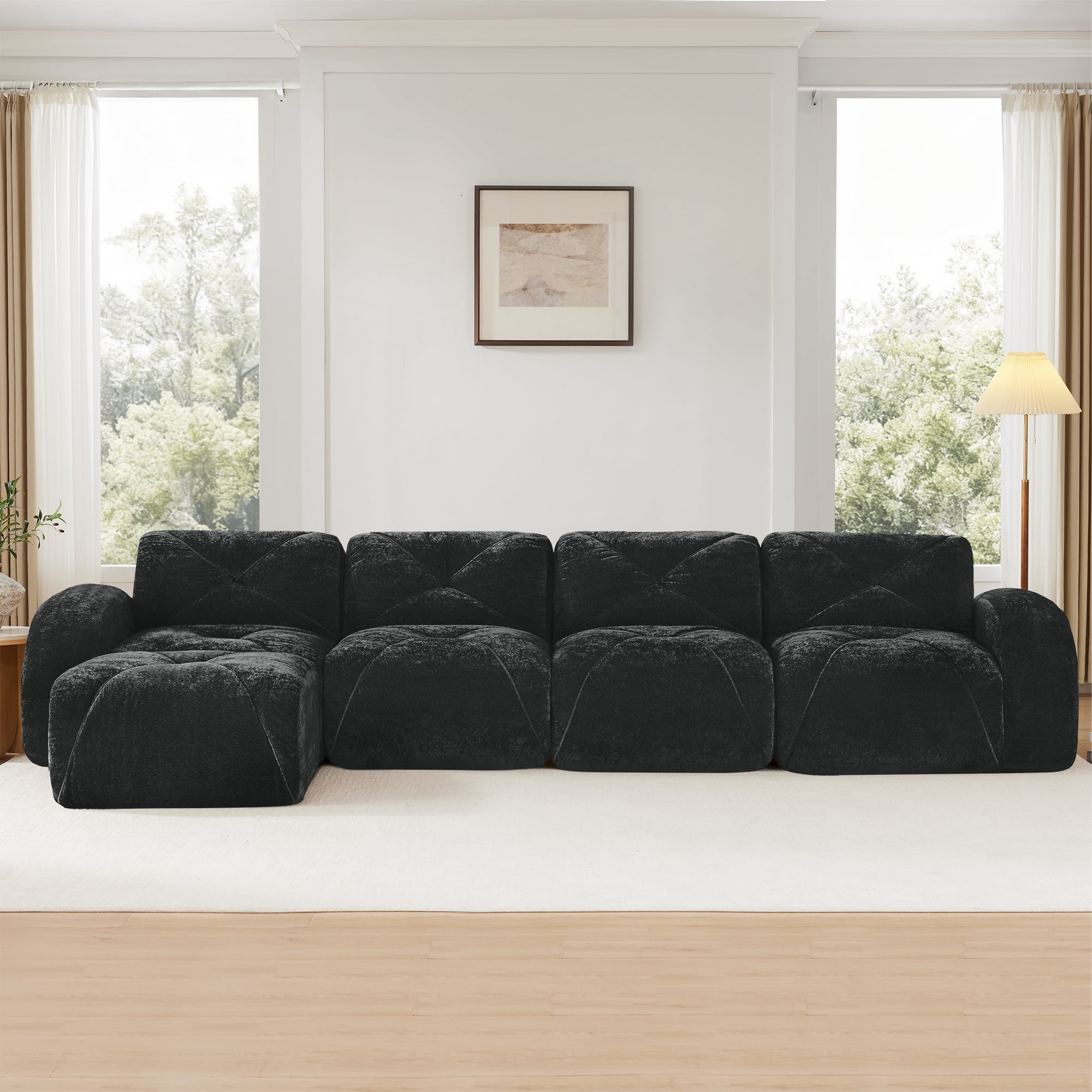 Aven 141" Modular Velvet Cloud L-Shaped Sectional Sofa with Ottoman and Curved Armrests