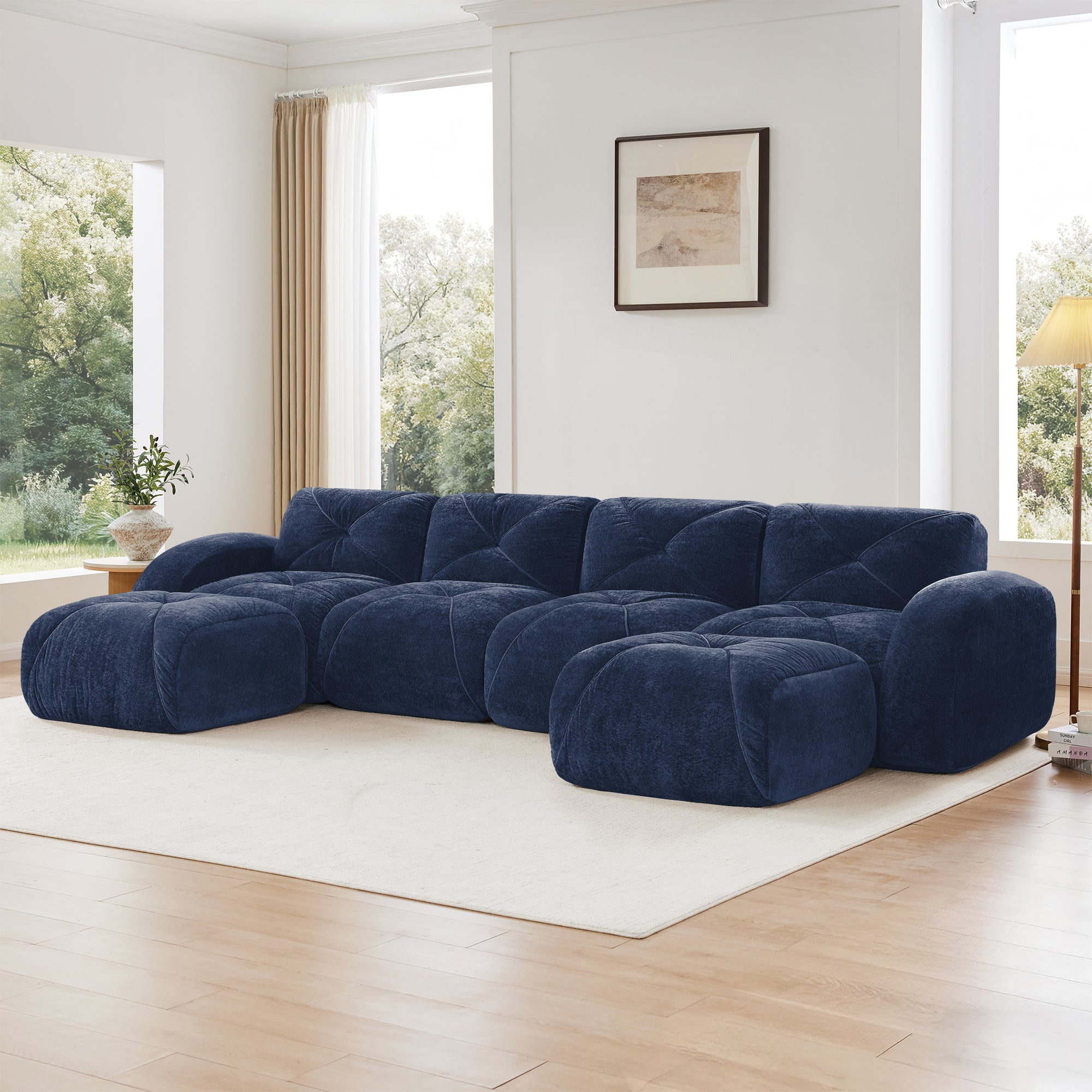 Aven 141" Modular Velvet Cloud U-Shaped Sectional Sofa with Ottomans and Curved Armrests