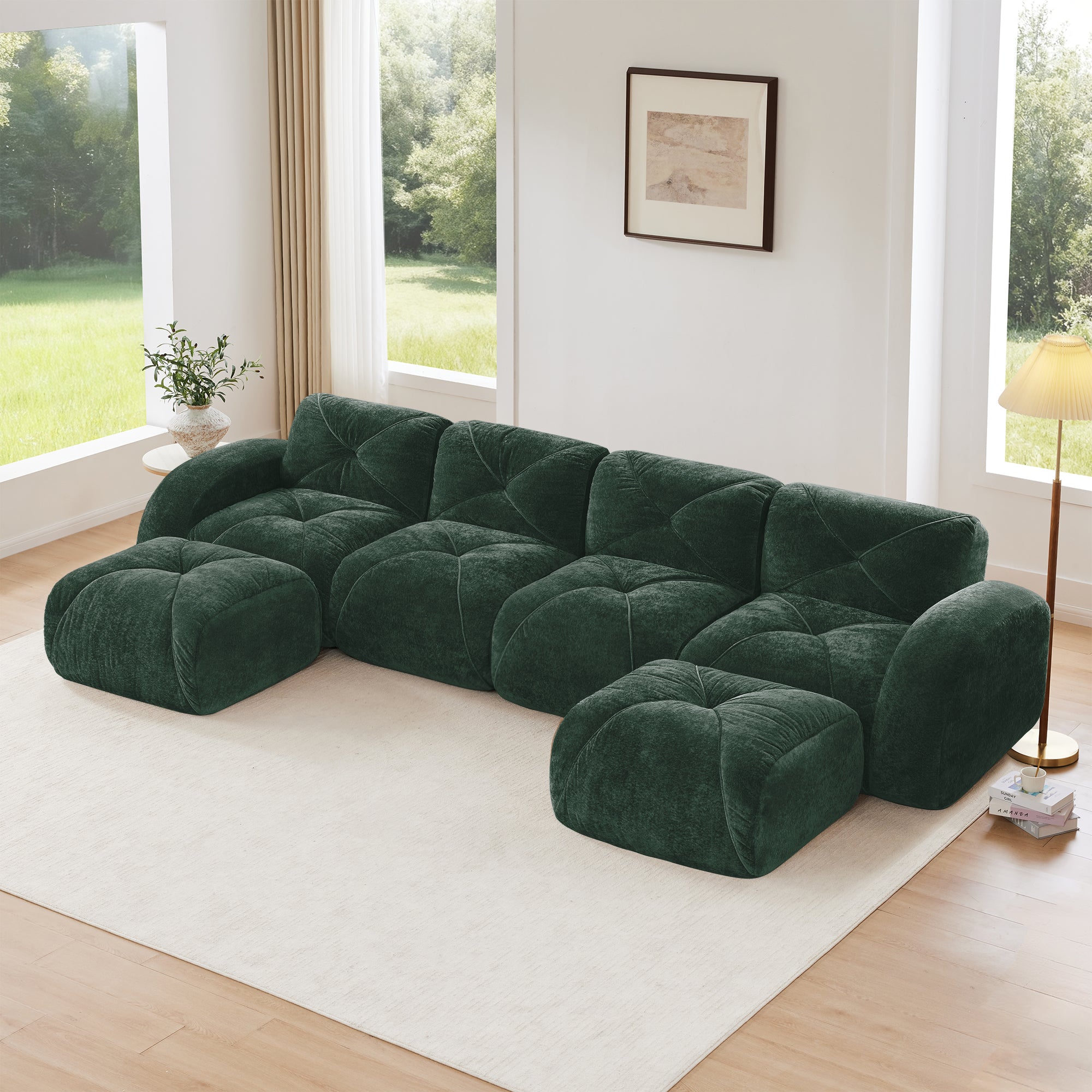 Aven 141" Modular Velvet Cloud U-Shaped Sectional Sofa with Ottomans and Curved Armrests