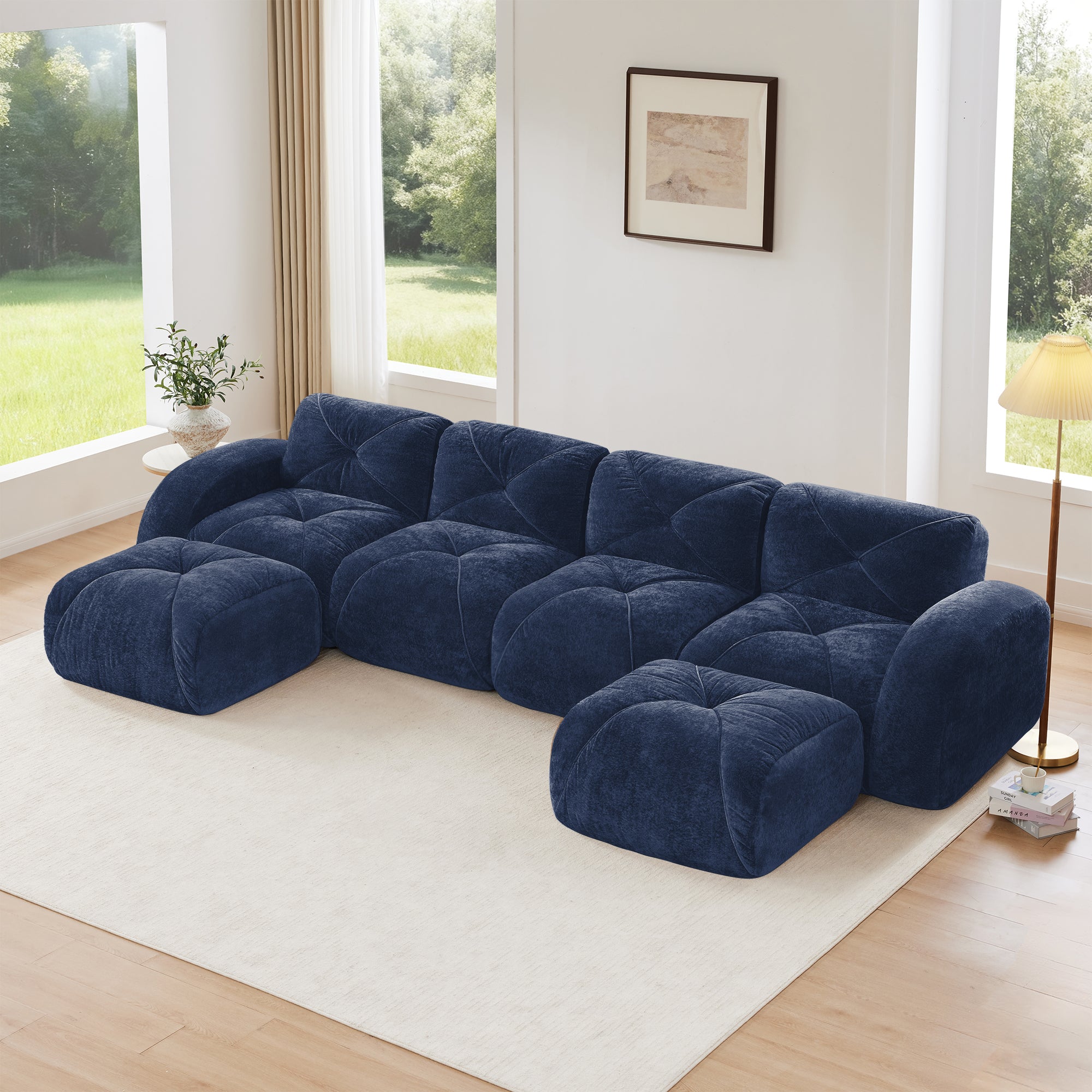 Aven 141" Modular Velvet Cloud U-Shaped Sectional Sofa with Ottomans and Curved Armrests