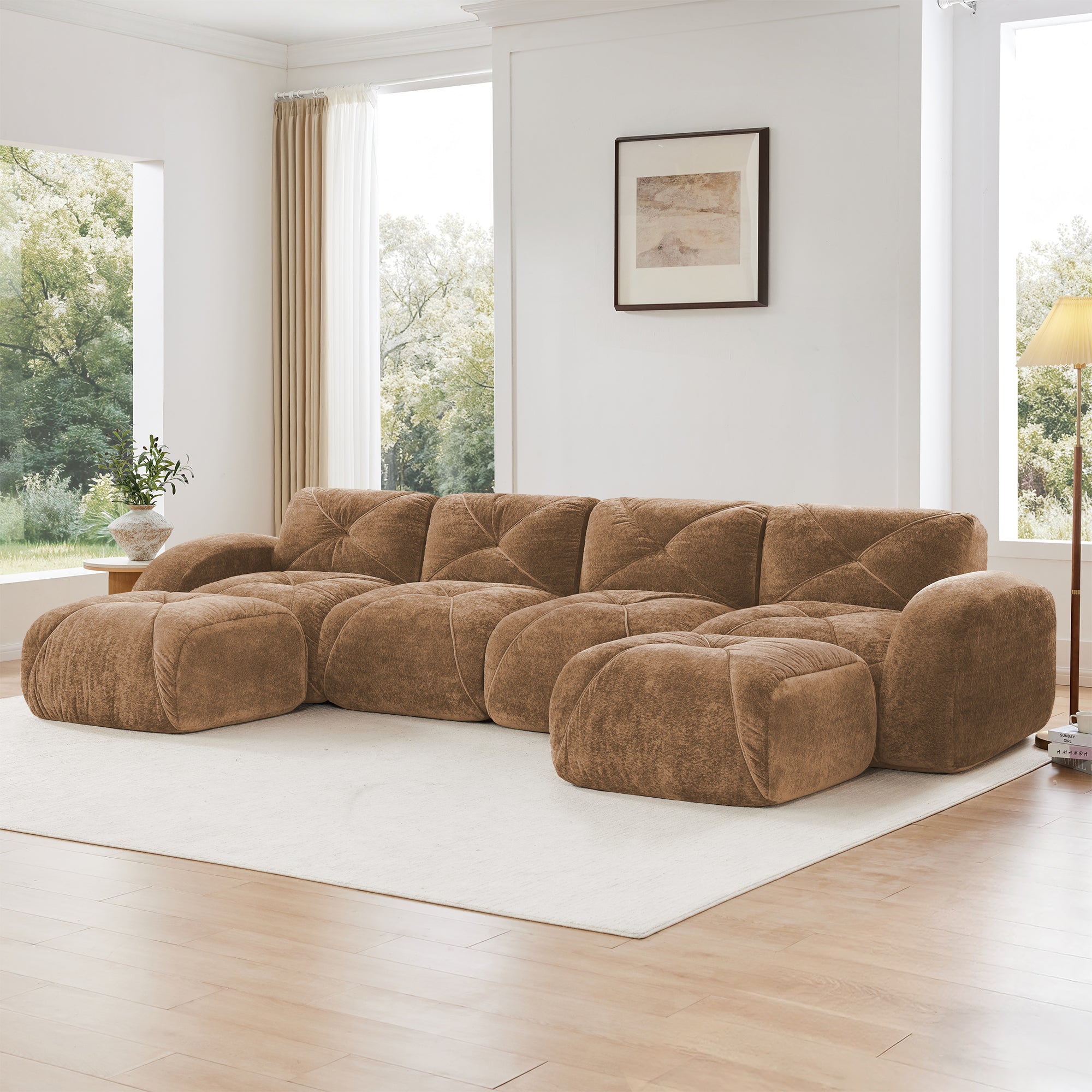 Aven 141" Modular Velvet Cloud U-Shaped Sectional Sofa with Ottomans and Curved Armrests
