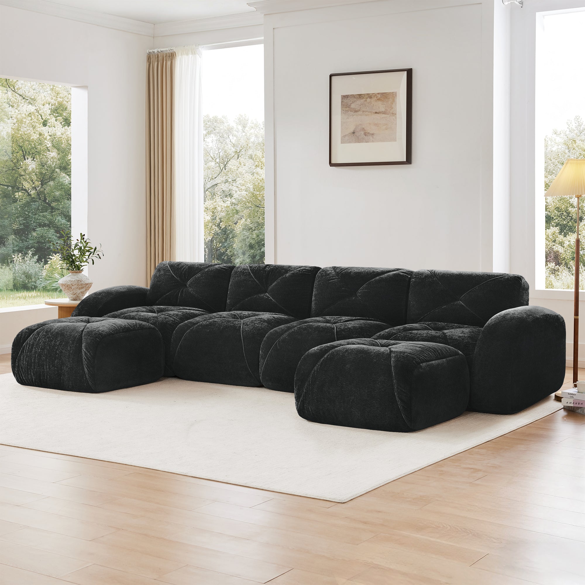 Aven 141" Modular Velvet Cloud U-Shaped Sectional Sofa with Ottomans and Curved Armrests