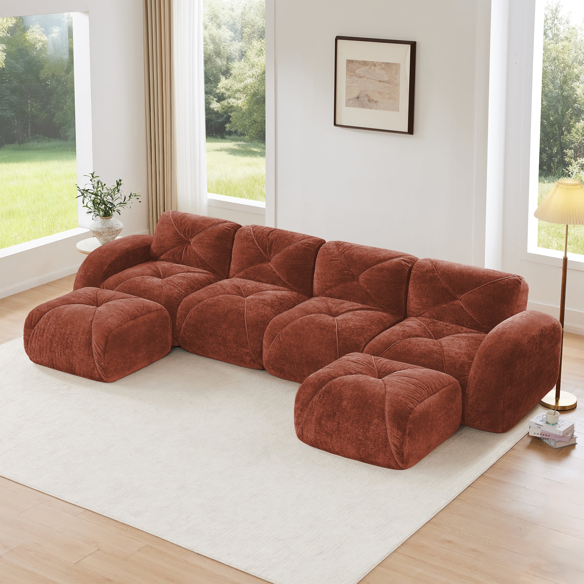Aven 141" Modular Velvet Cloud U-Shaped Sectional Sofa with Ottomans and Curved Armrests