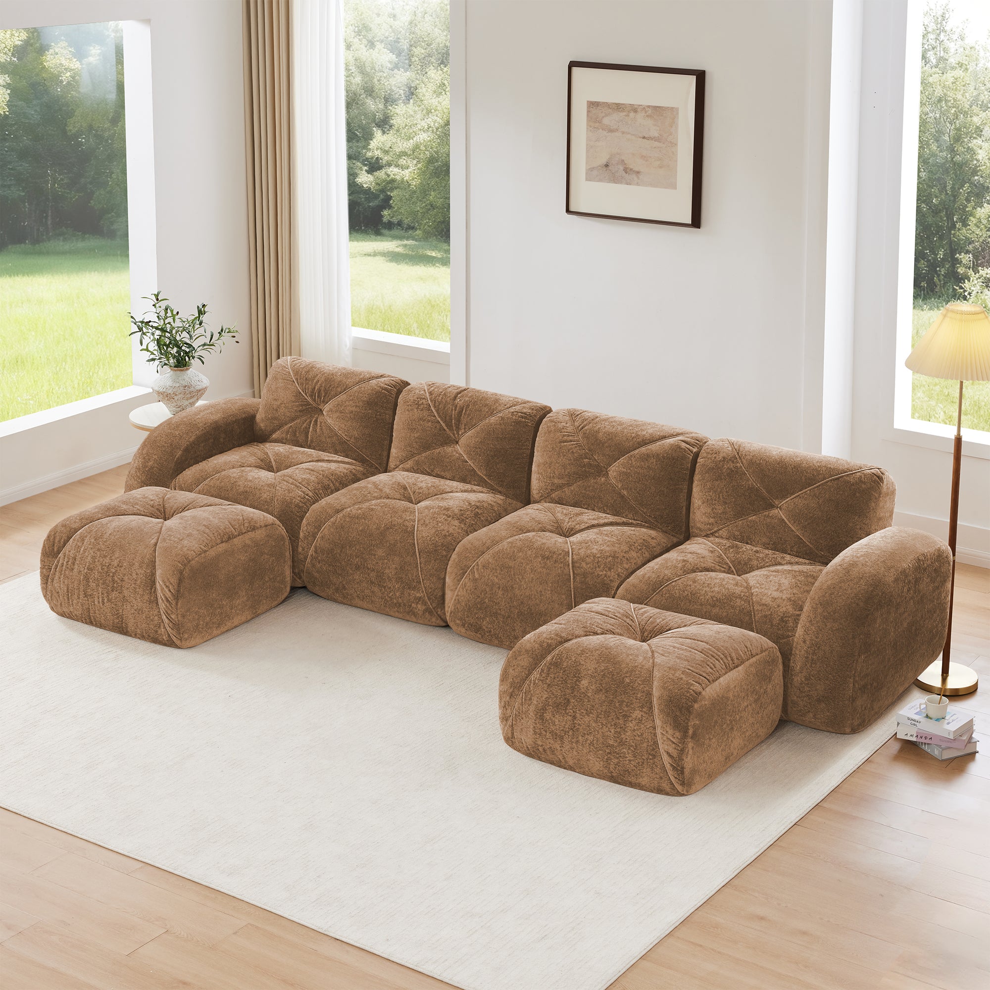 Aven 141" Modular Velvet Cloud U-Shaped Sectional Sofa with Ottomans and Curved Armrests
