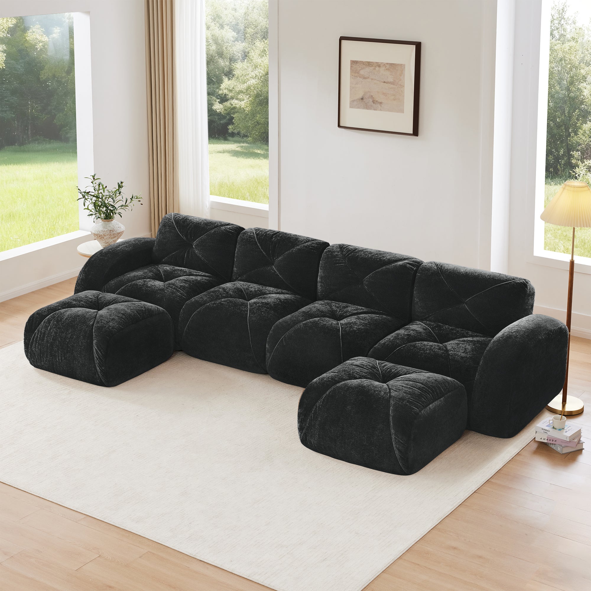 Aven 141" Modular Velvet Cloud U-Shaped Sectional Sofa with Ottomans and Curved Armrests