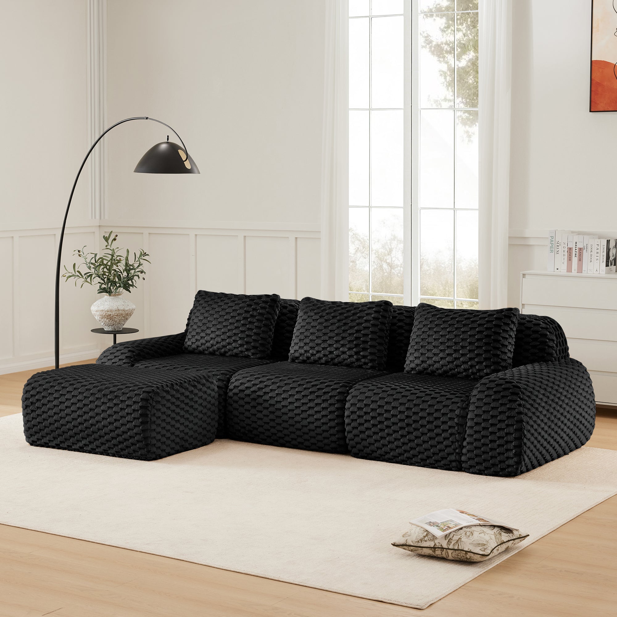 Olathe 114" Modular Flannelette Fabric L-Shaped Sectional Sofa with Movable Ottoman
