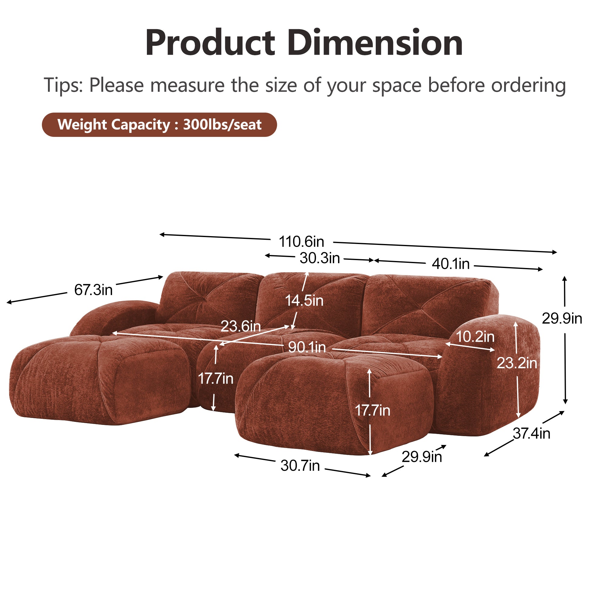 Aven 111" Modular Velvet Cloud U-Shaped Sectional Sofa with Ottomans and Curved Armrests
