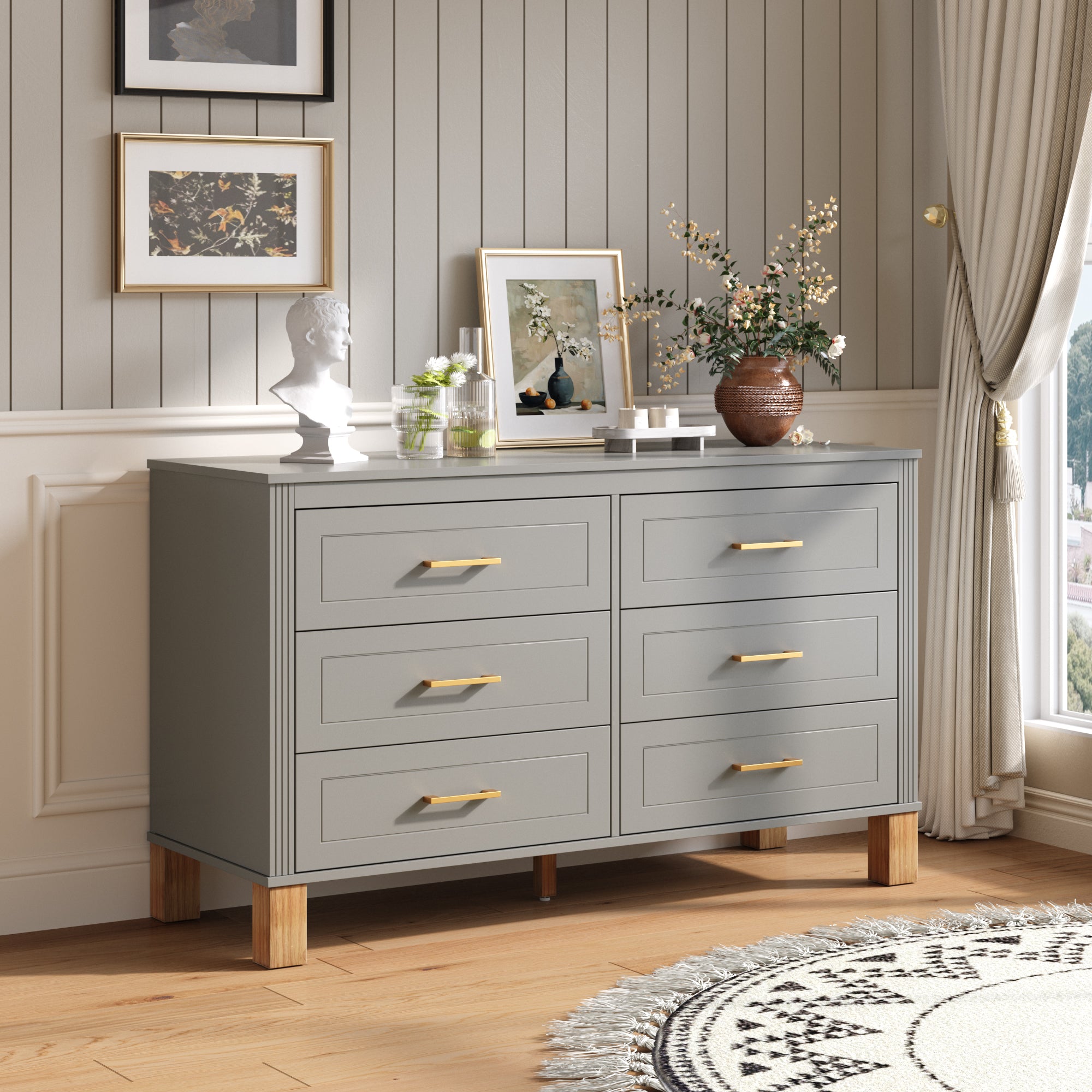 Sabine 47" 6-Drawer Dresser with Fluted Trim and Solid Wood Legs