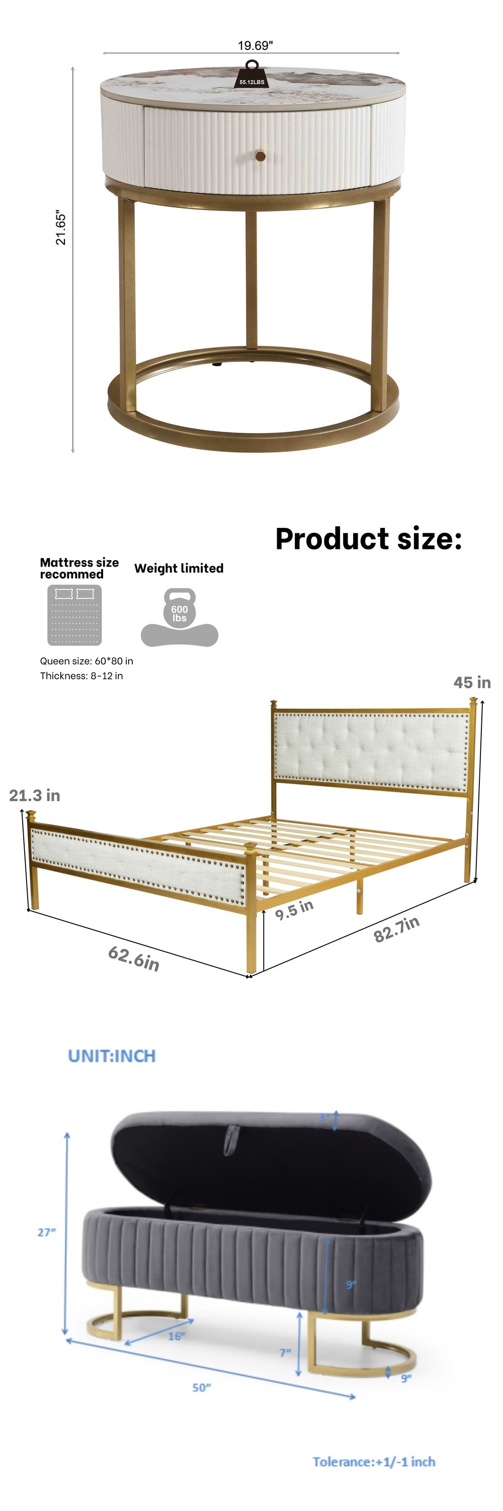 Creamy Reverie 4 Piece Bedroom Set - Bed with Nightstands & Ottoman