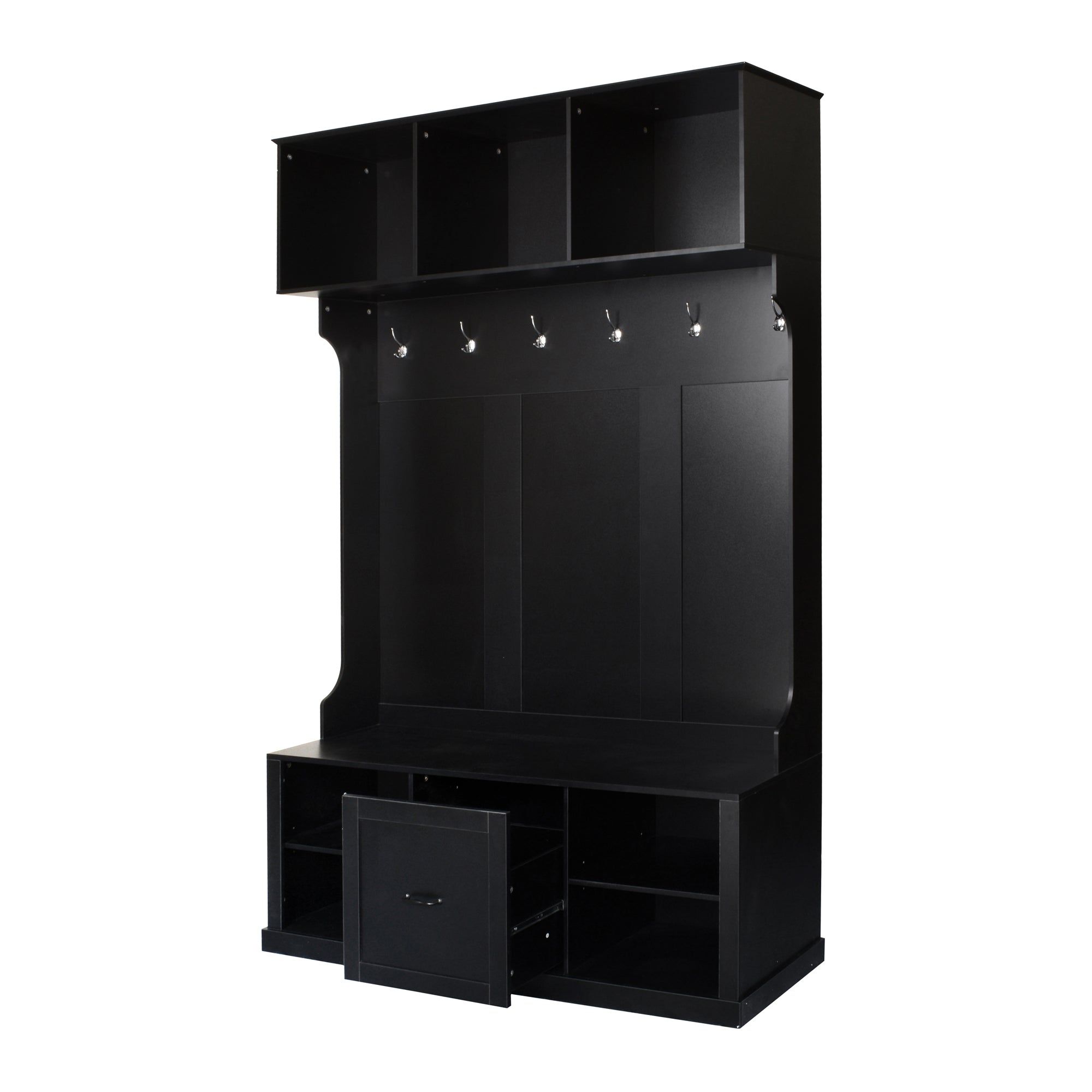 ATLAS 57" Modern Wood 3-in-1 Hall Tree Bench with Drawer and 6 Hooks