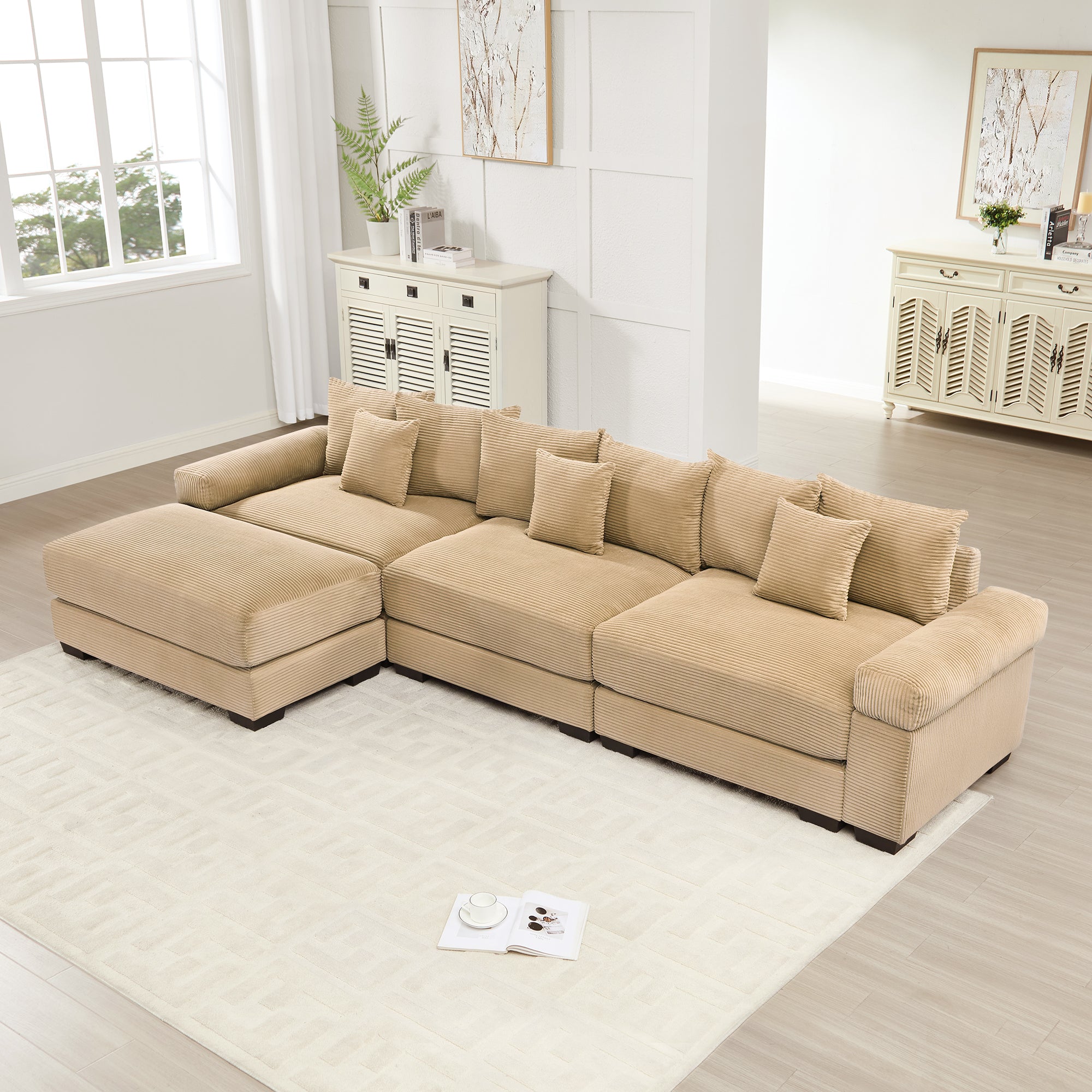 Albany 130" Modular Corduroy Oversized Cloud L-Shaped Sectional Sofa with Ottoman