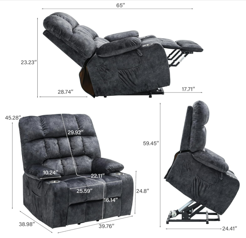 Solace 40" Oversized Fabric Power Lift Recliner Chair with Massage, Heat and Cup Holders