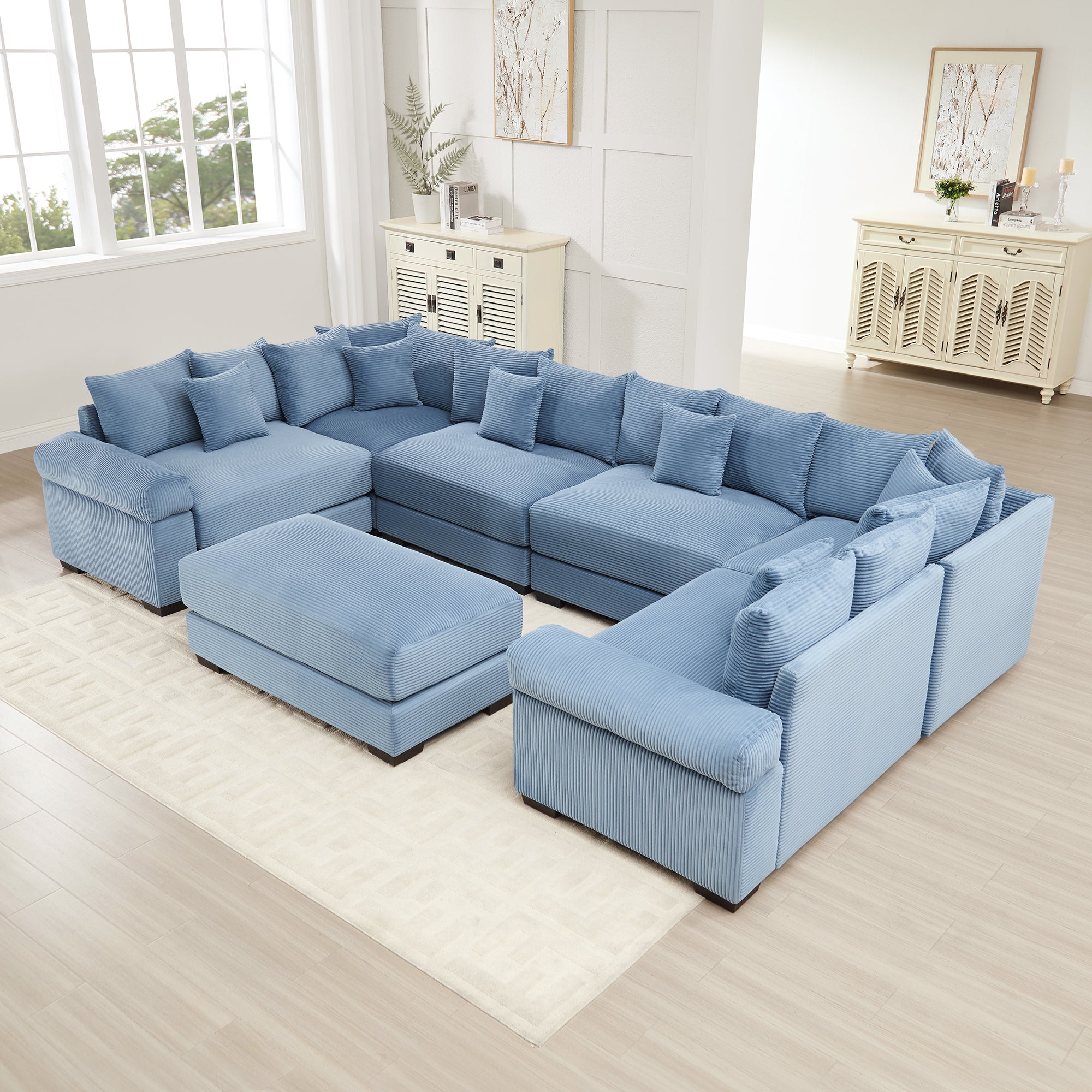 Albany 138" Oversized 7 Pieces Modular Corduroy U-Shaped Sectional Sofa with Ottoman