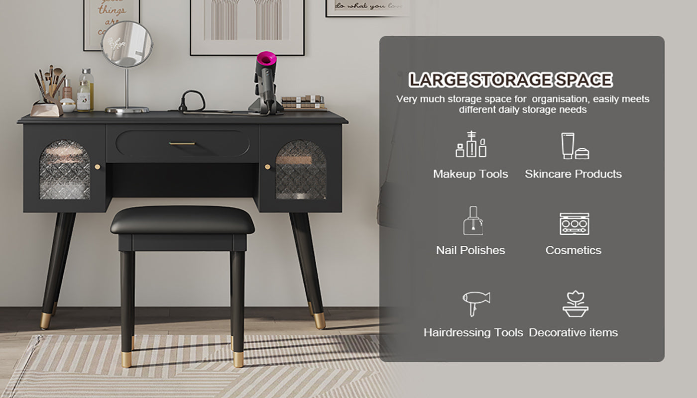 Elegant Vanity Makeup Table & Chair Set, Modern Dressing Table with Organizer, Writing Desk, Charging Port, Black