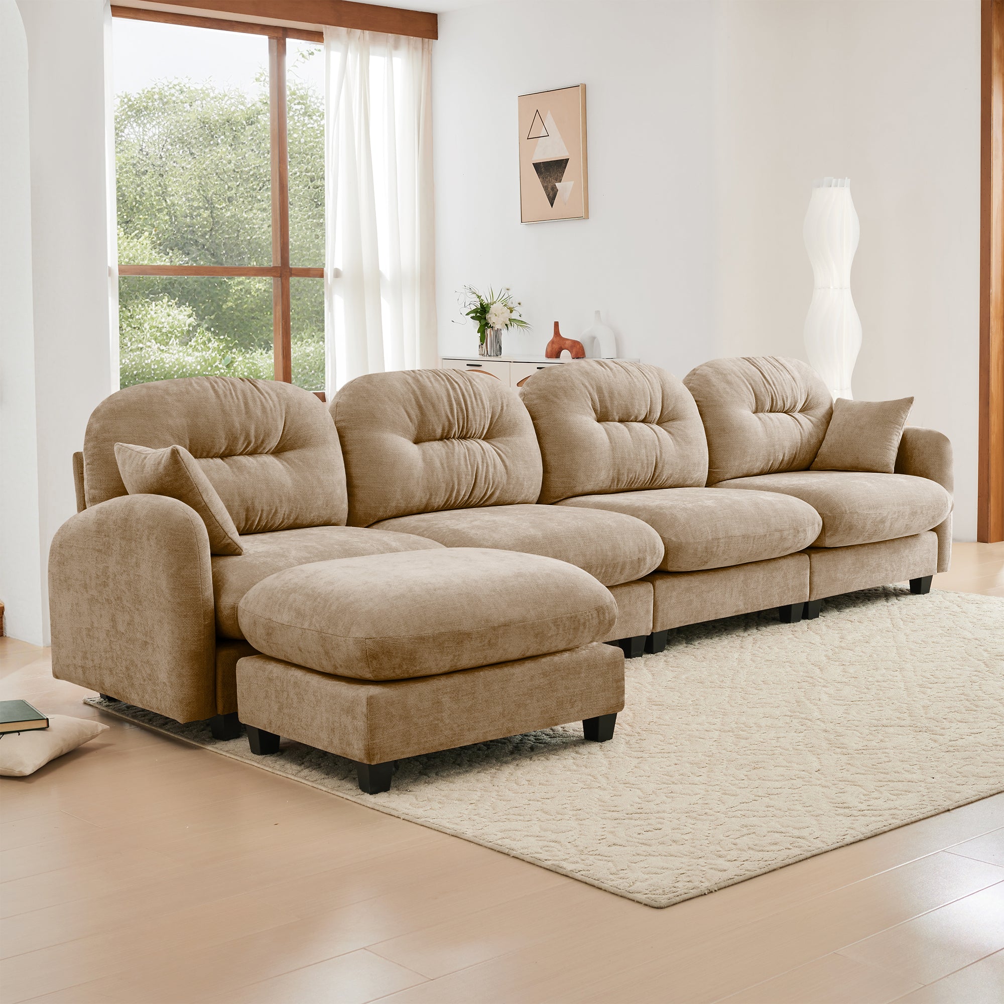 Roselyn 140" Modular Chenille Cloud L-Shaped Sectional Sofa with Ottoman and Tufted Cushion Backrest
