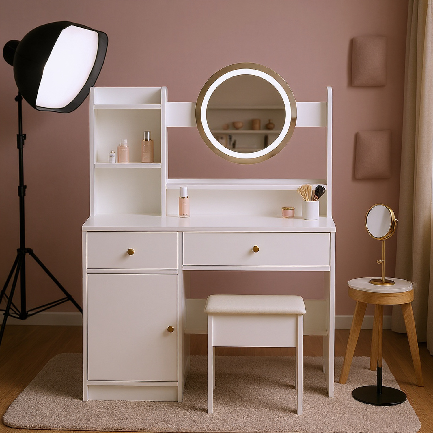 Fashion Vanity Desk with Mirror and Lights for Makeup and Cushioned Chair, Vanity Mirror with Lights and Table Set with 3 Color Lighting Brightness Adjustable,Dressing table, White Color
