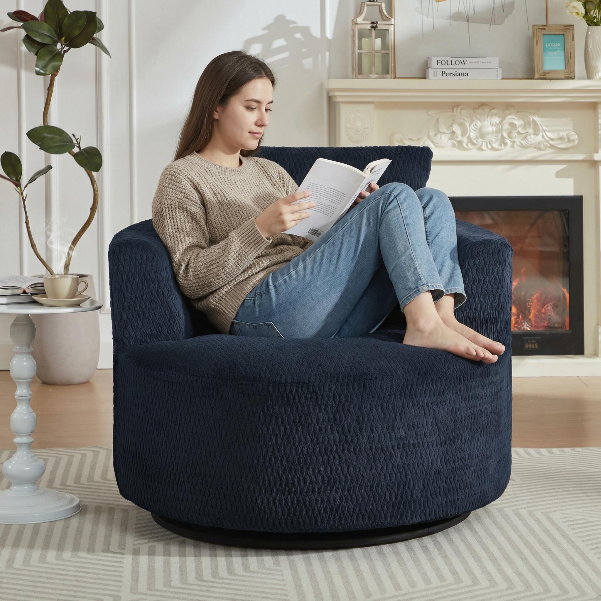1-Pack Dark Blue Swivel Accent Chair, Modern Comfort Armchair with Faux Fur, 360° Rotation, Plush Sponge & Pocket Spring Support, Stylish Space-Saving Furniture for Living Room, Office, Apartment, Easy Assembly, Durable Wooden Base