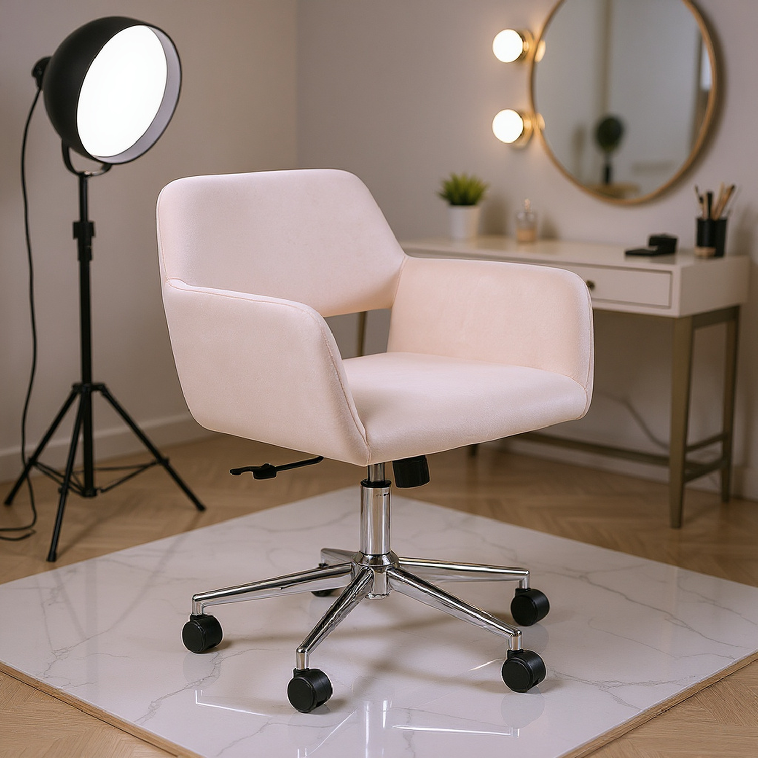 Velvet Swivel Desk Chair with Arms, Adjustable Height Task Chair on Wheels, Chrome Base, Blush Pink