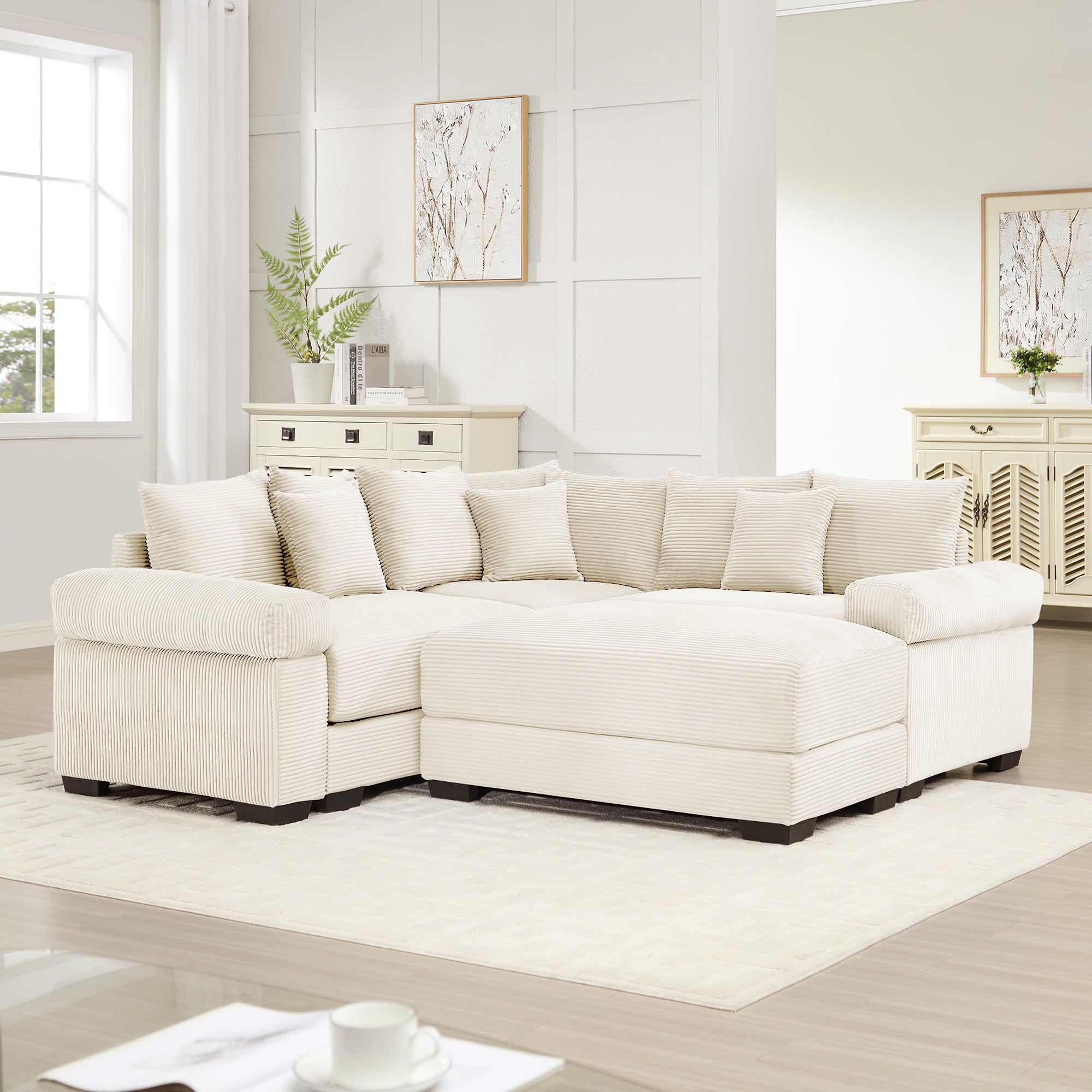 Albany 79" 4 Pieces Corduroy Modular Corner Sectional Sofa with Ottoman