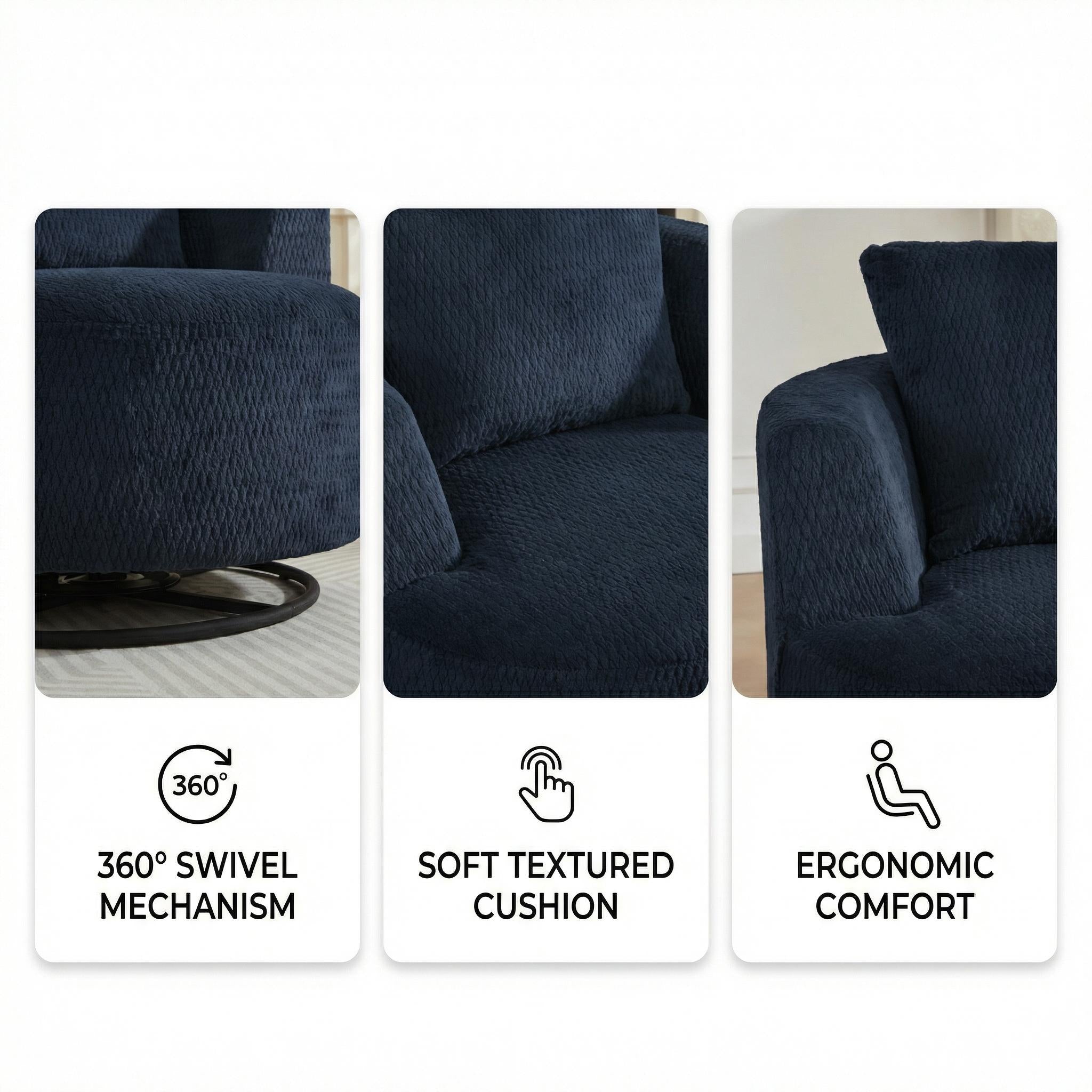 1-Pack Dark Blue Swivel Accent Chair, Modern Comfort Armchair with Faux Fur, 360° Rotation, Plush Sponge & Pocket Spring Support, Stylish Space-Saving Furniture for Living Room, Office, Apartment, Easy Assembly, Durable Wooden Base