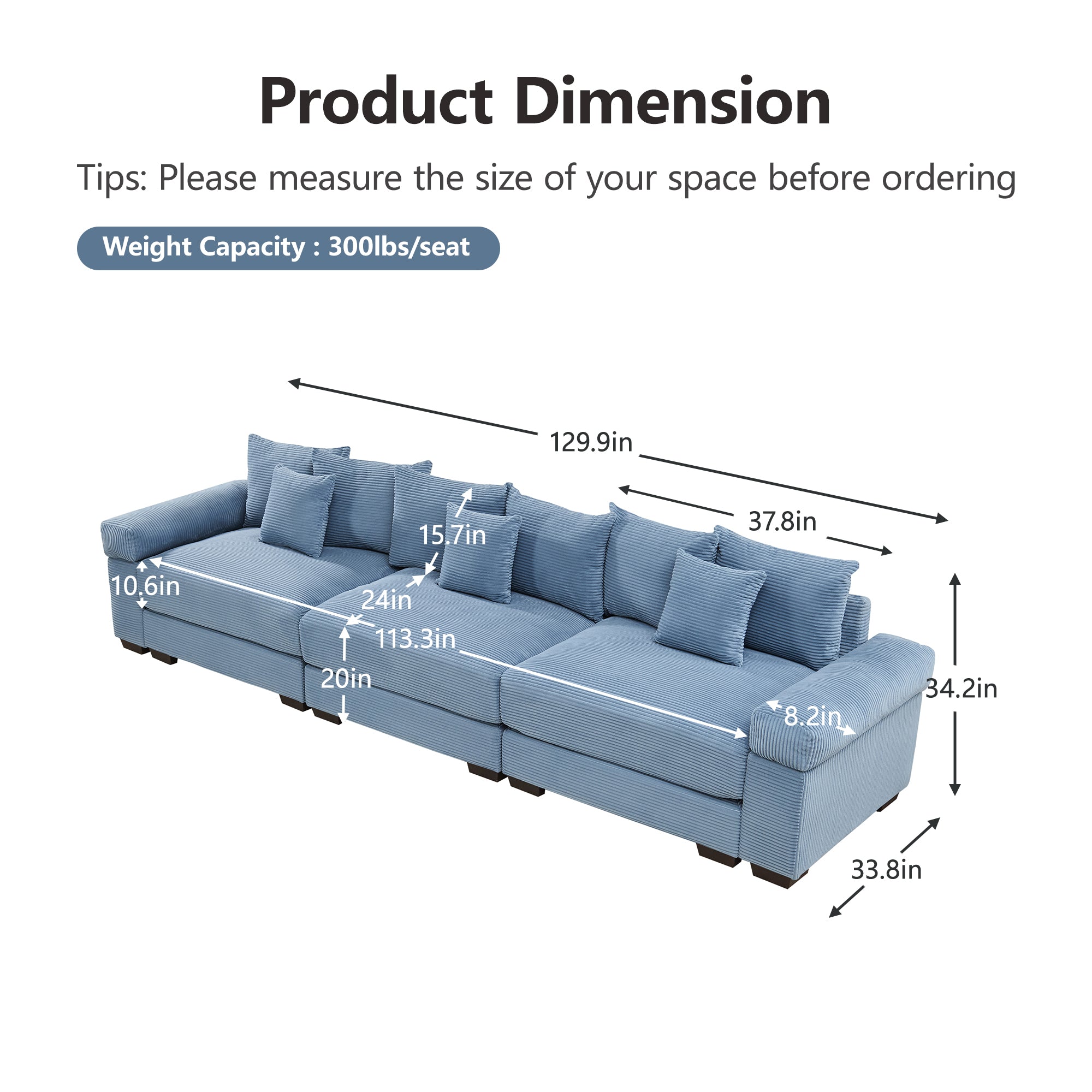 Albany 130" Modular Corduroy Cloud 4-Seater Sofa with Extra-Thick Armrests