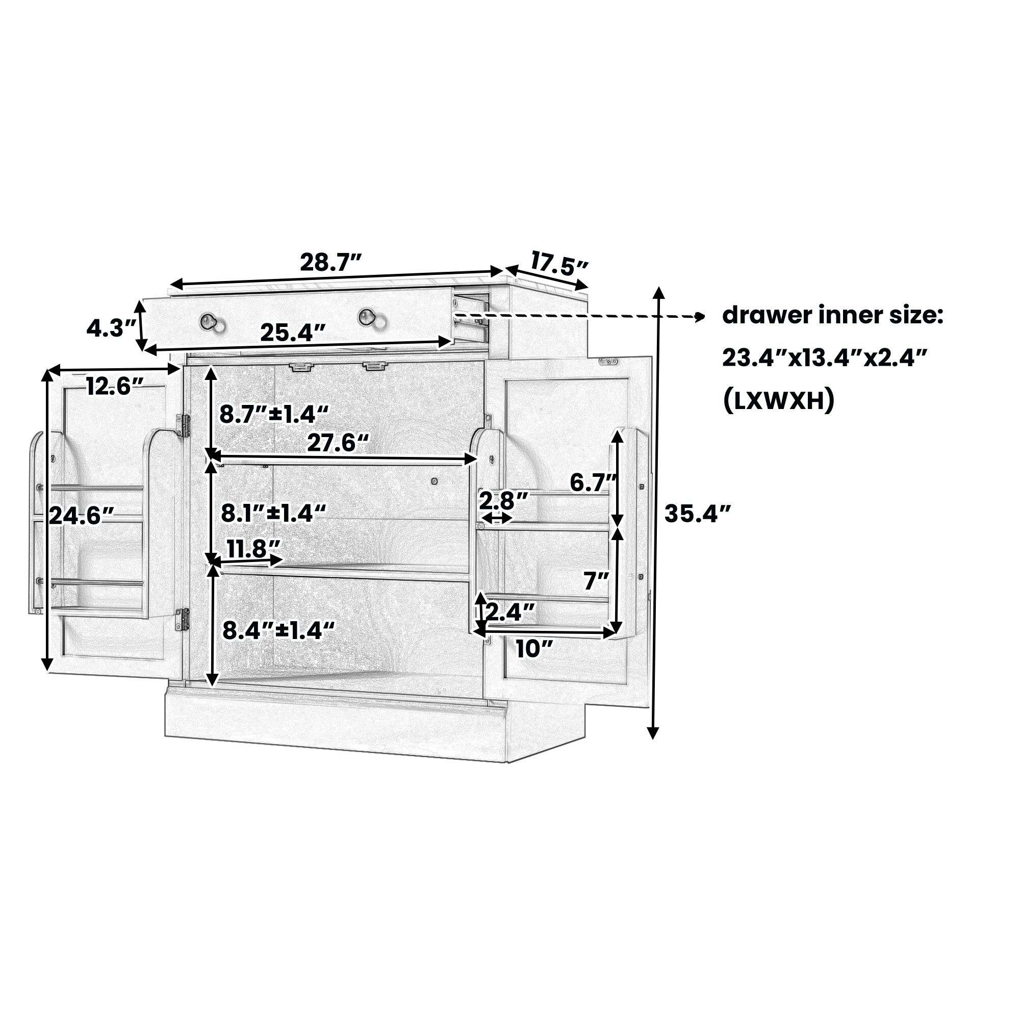 Modern Freestanding Kitchen Pantry,Buffet Food Storage, Coffee Bar Cabinet with Drawer, 2 Adjustable Shelves and 2 Door Shelves for Dining, Kitchen, Gray