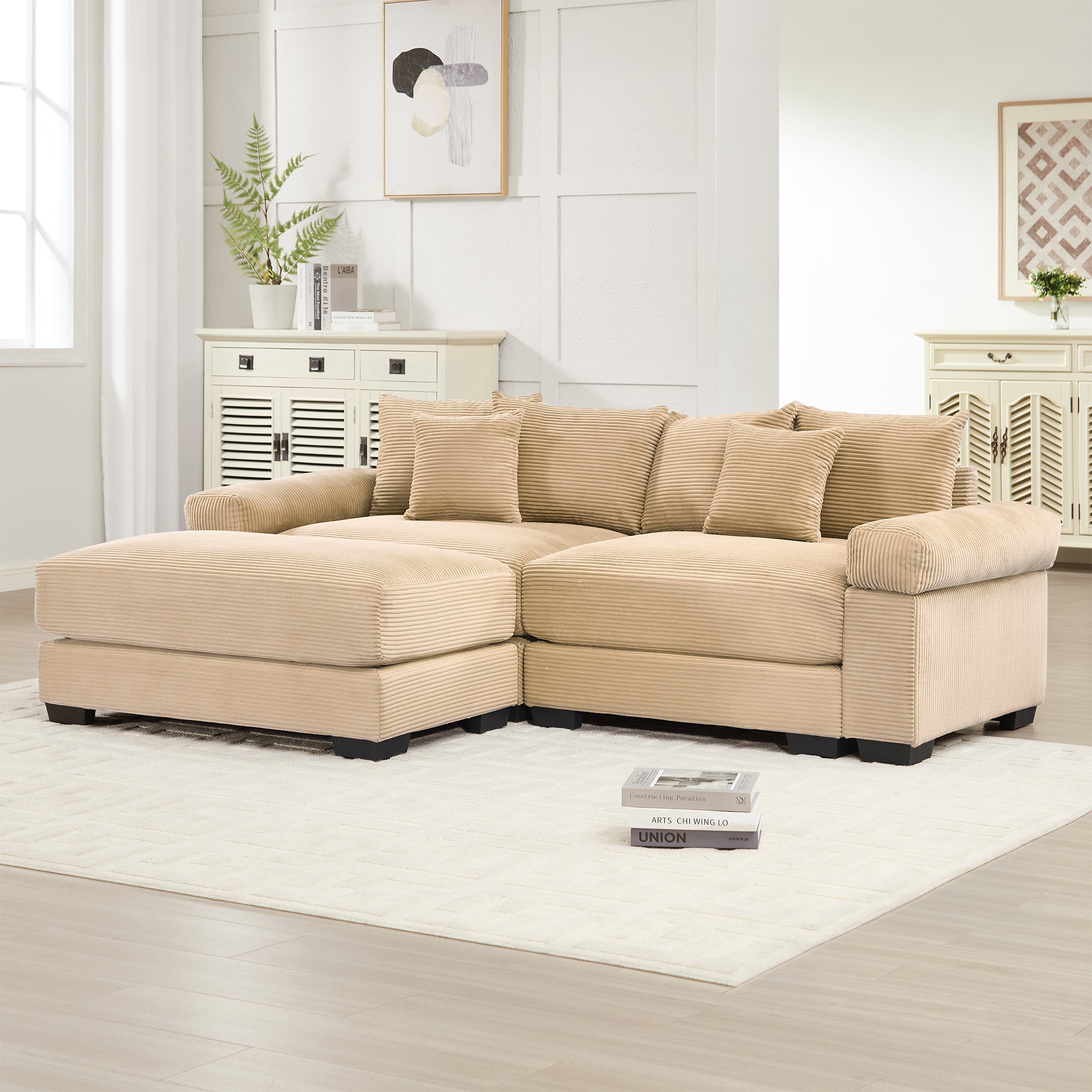 Albany 92" Modular Corduroy Cloud L-Shaped Sectional Sofa with Ottoman
