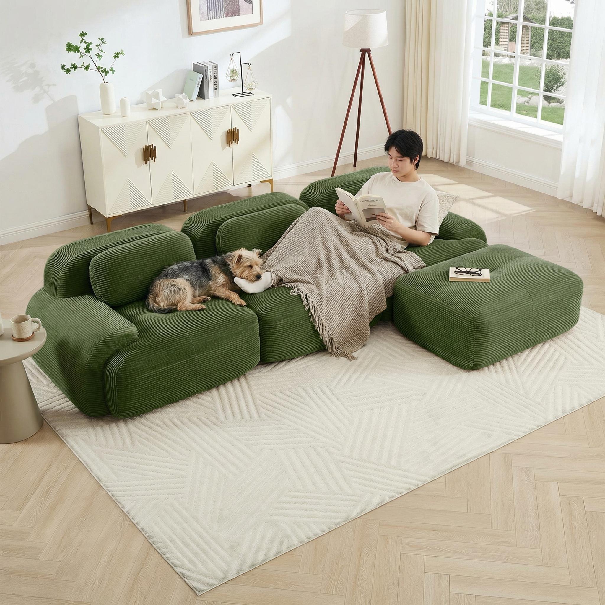 L-Shaped Modular Sofa, No Assembly, Ergonomic Design, Corduroy Fabric, Extra-Wide Armrests, Living Room/Bedroom, Olive Green