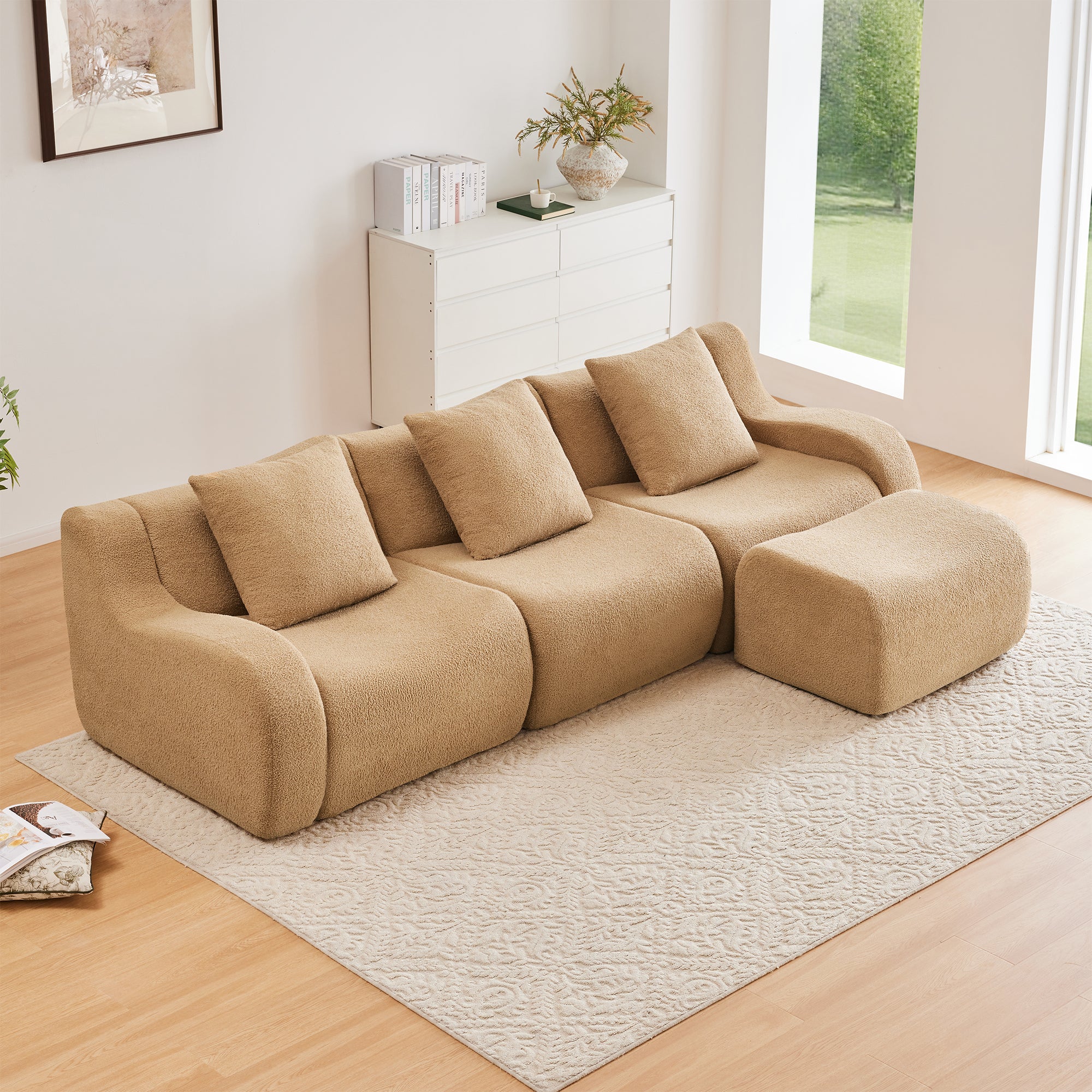 Chico 115" Modular Teddy Fabric L-Shaped Sofa with Curved Armrests and Movable Ottoman
