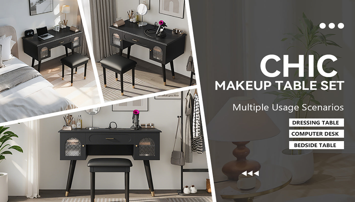 Elegant Vanity Makeup Table & Chair Set, Modern Dressing Table with Organizer, Writing Desk, Charging Port, Black
