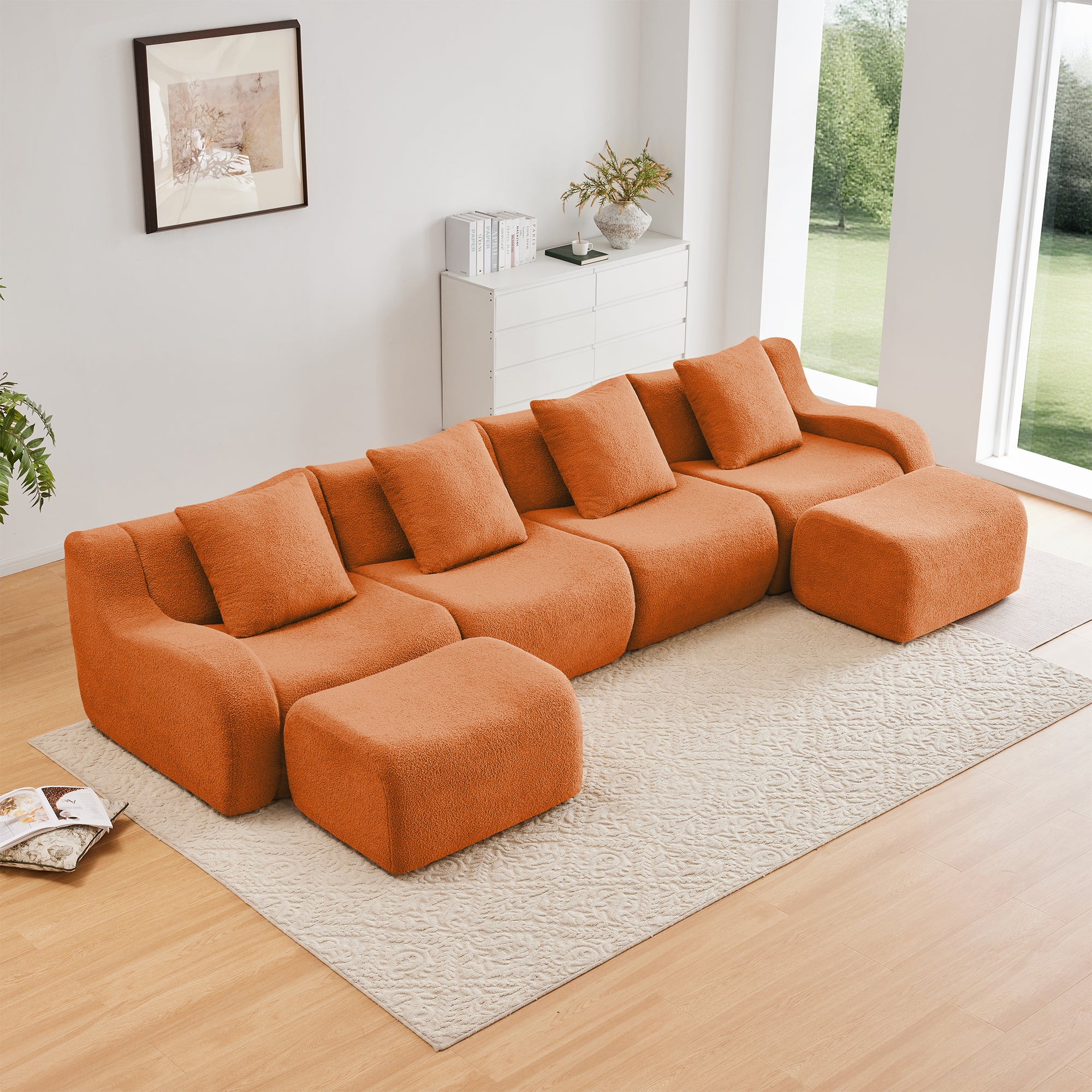 Chico 148" Modular Teddy Fabric U-Shaped Sectional Sofa with Curved Armrests and Movable Ottomans