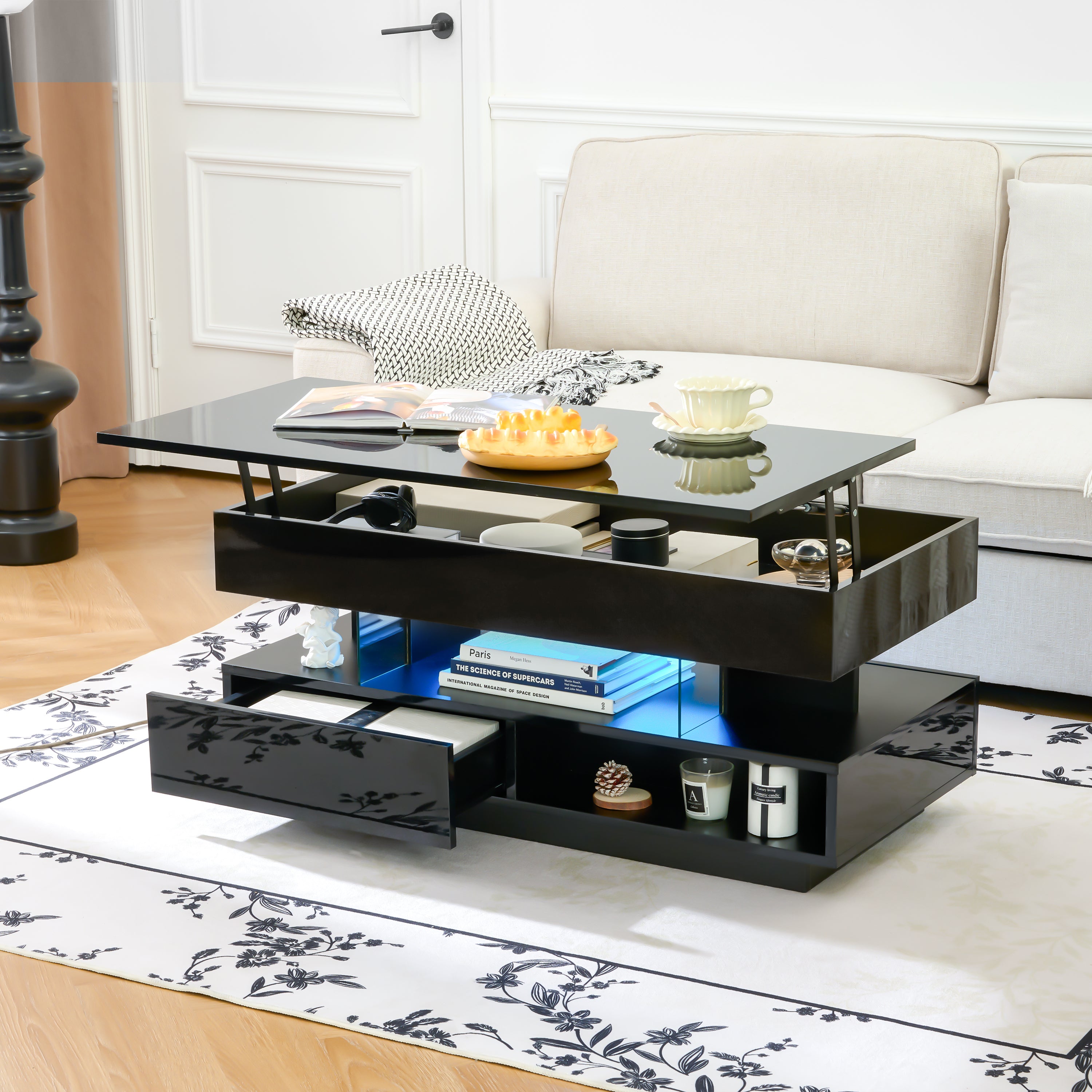 Aureon 39" Modern Lift Top Coffee Table with Storage and LED Lights