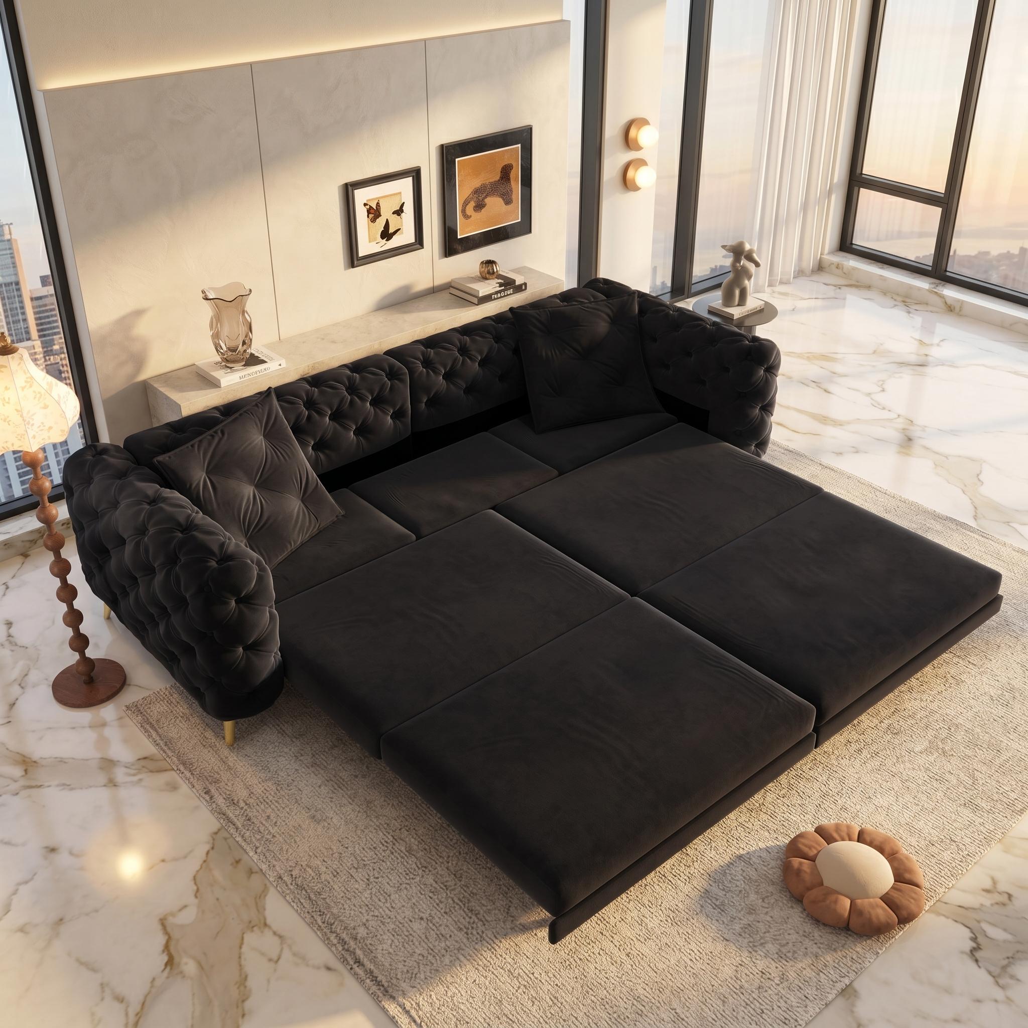 Allentown 98" Velvet Button Tufted 4-Seater Sleeper Sofa Bed with Movable Ottoman