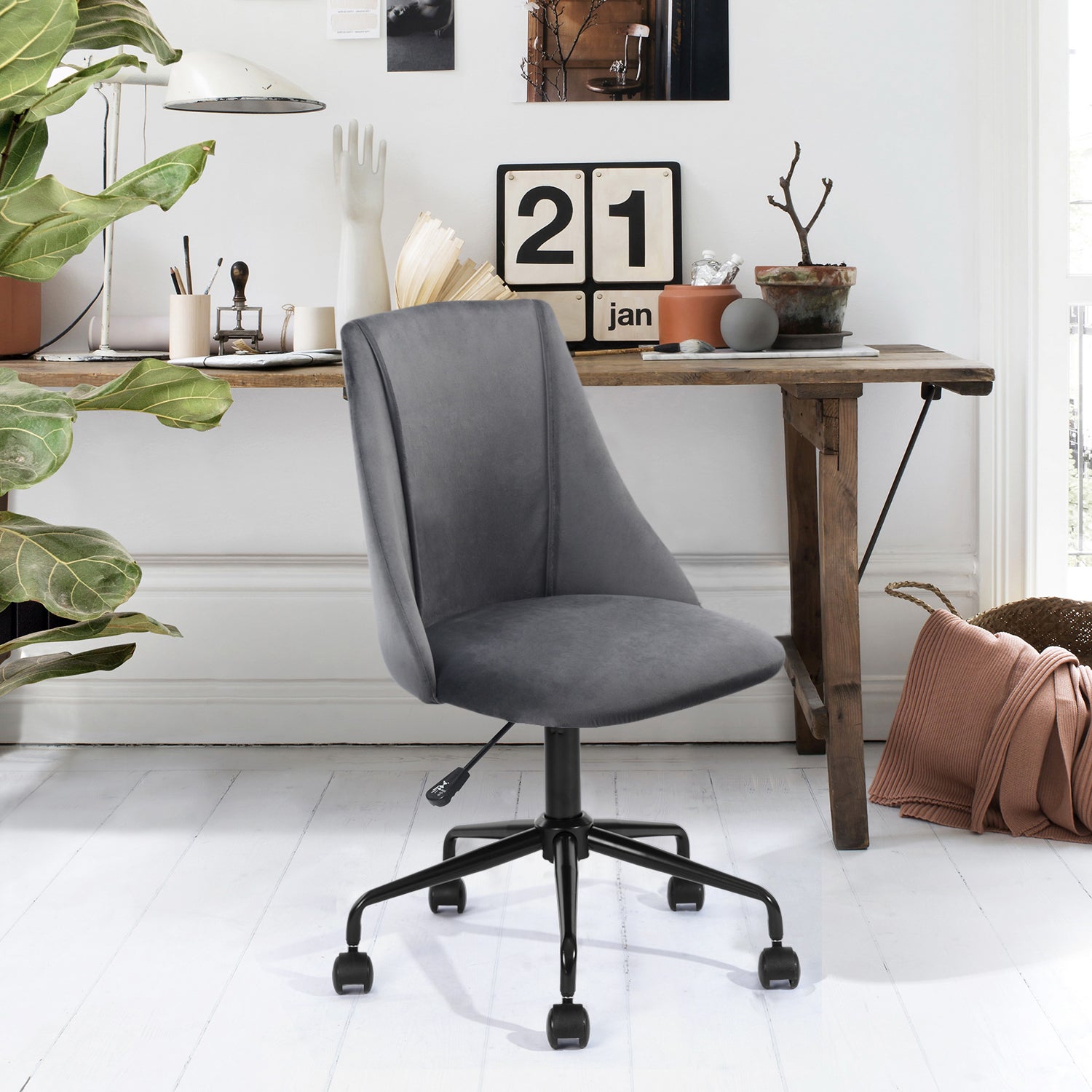 Homy Casa CIAN GREY Velvet Office Chair with Adjustable Gas Lift and Steel Frame
