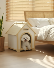 Homy Casa FSC Solid Cedar Pet House, 23.6" x 21.7" x 27.6", Indoor Cabin Shelter for Small Dogs & Cats, Cream Yellow