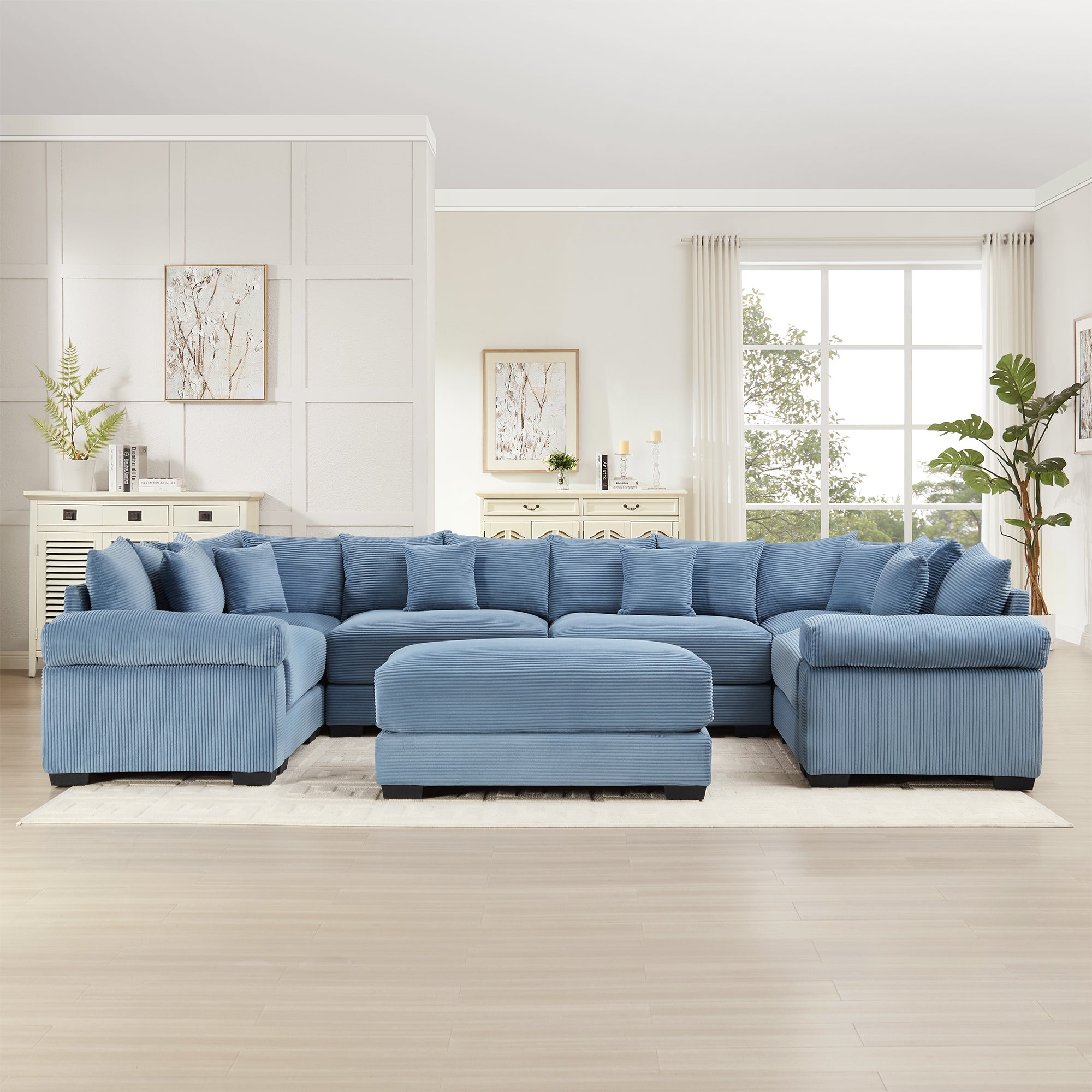 Albany 138" Oversized 7 Pieces Modular Corduroy U-Shaped Sectional Sofa with Ottoman