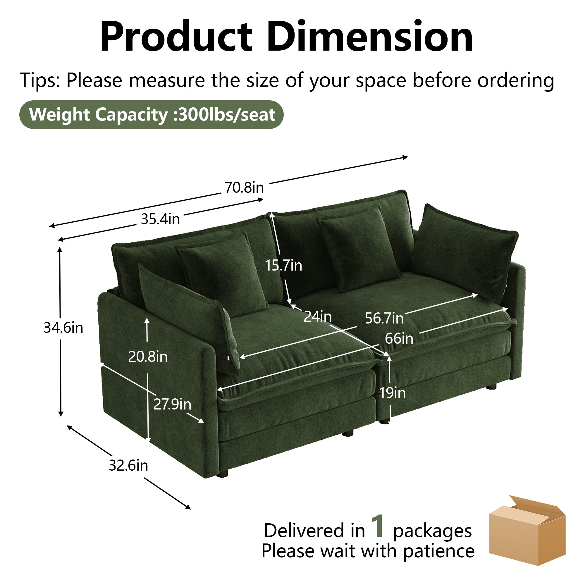 Princeton 71" Modern Modular Chenille Loveseat Sofa with Pillows