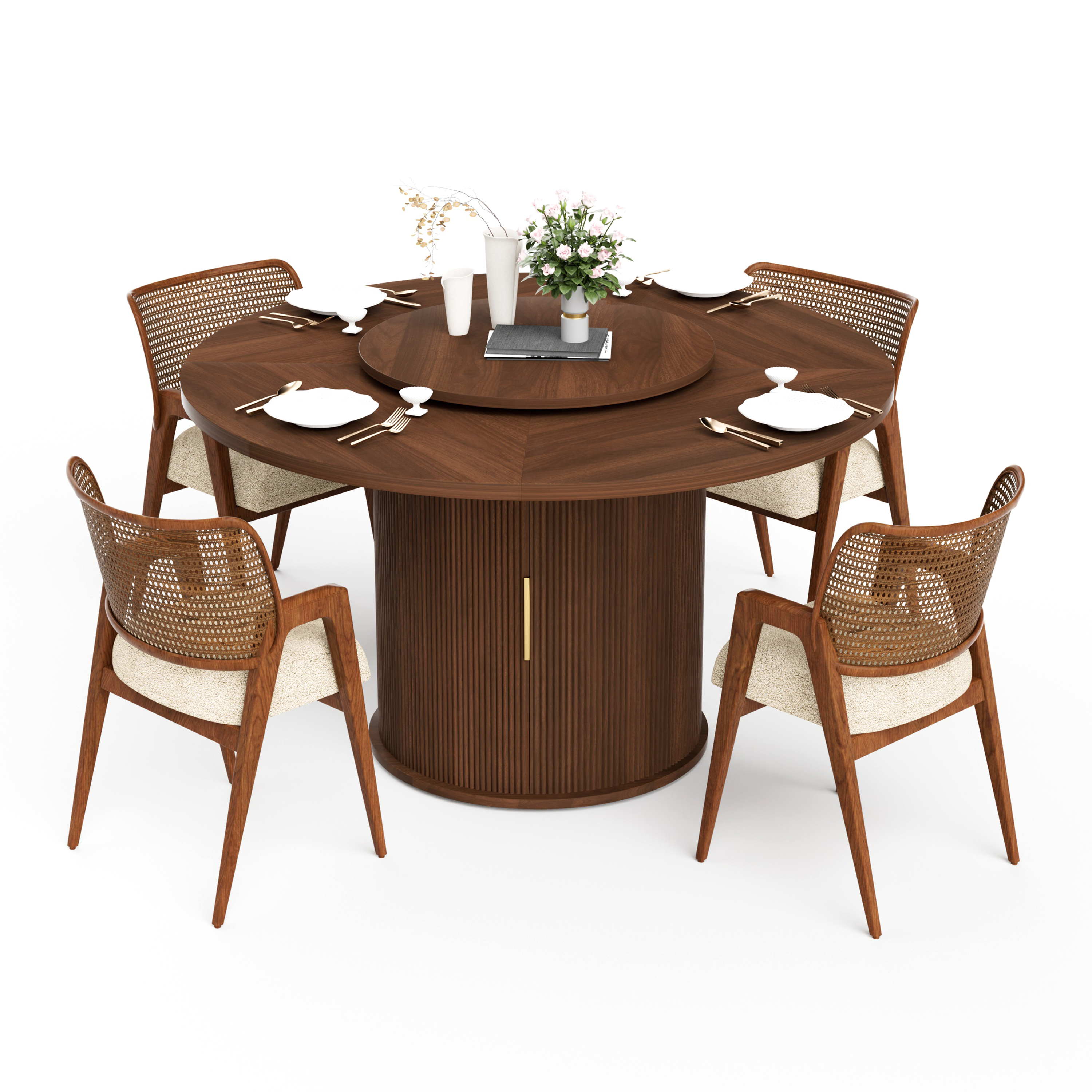 Ganges 55" Walnut Round Dining Table with Storage Rack and Rotating Tray