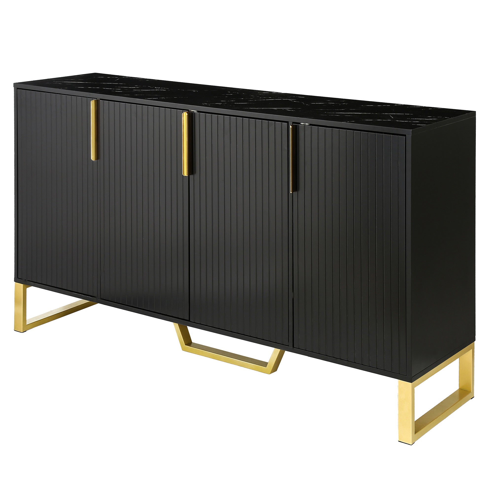 Modern Sideboard with Four Doors, Metal Handles & Legs, Adjustable Shelves, Black MDF & Particle Board