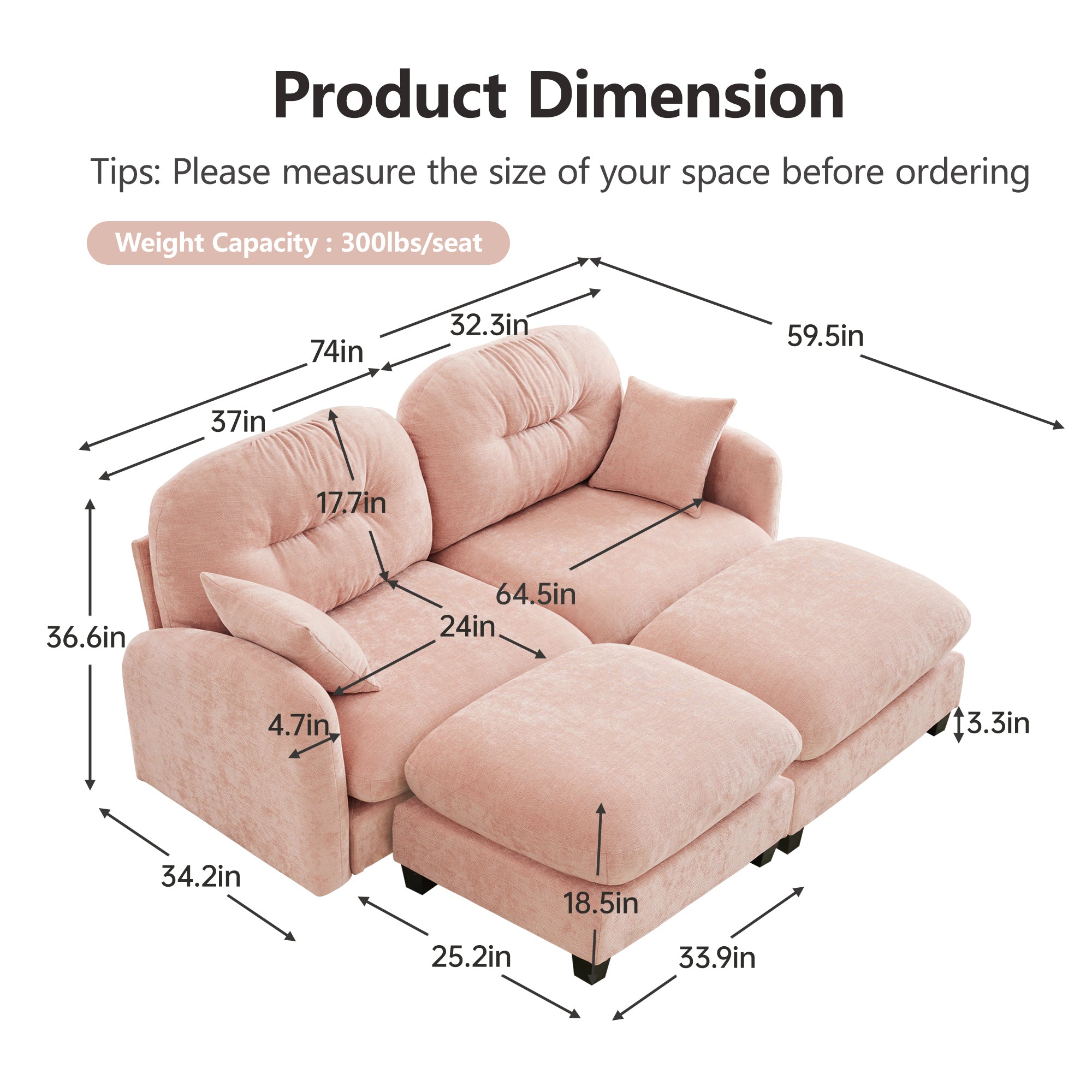 Roselyn 74" Chenille Sectional Modular Sofa with 2 Ottomans