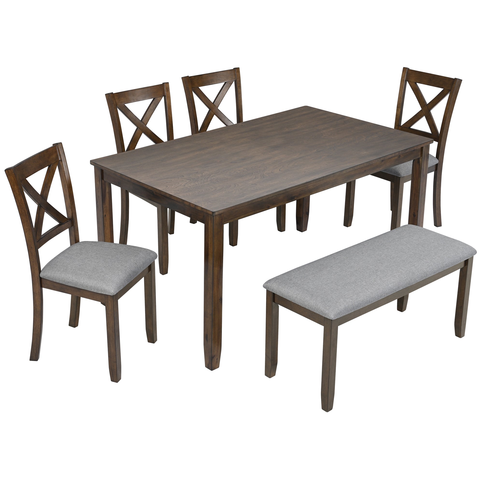 Baikal 6 Pieces 58.5" Rectangular Dining Table Set with 4 Upholstered Chairs and Bench, Walnut